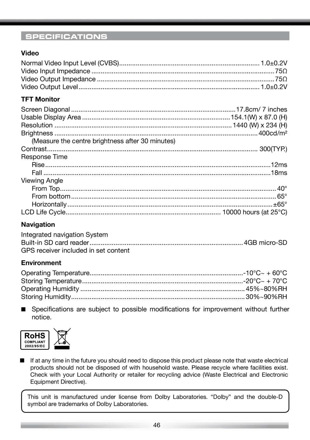 ACR Electronics ZE-NES14 user manual Video, TFT Monitor, Navigation, Environment 