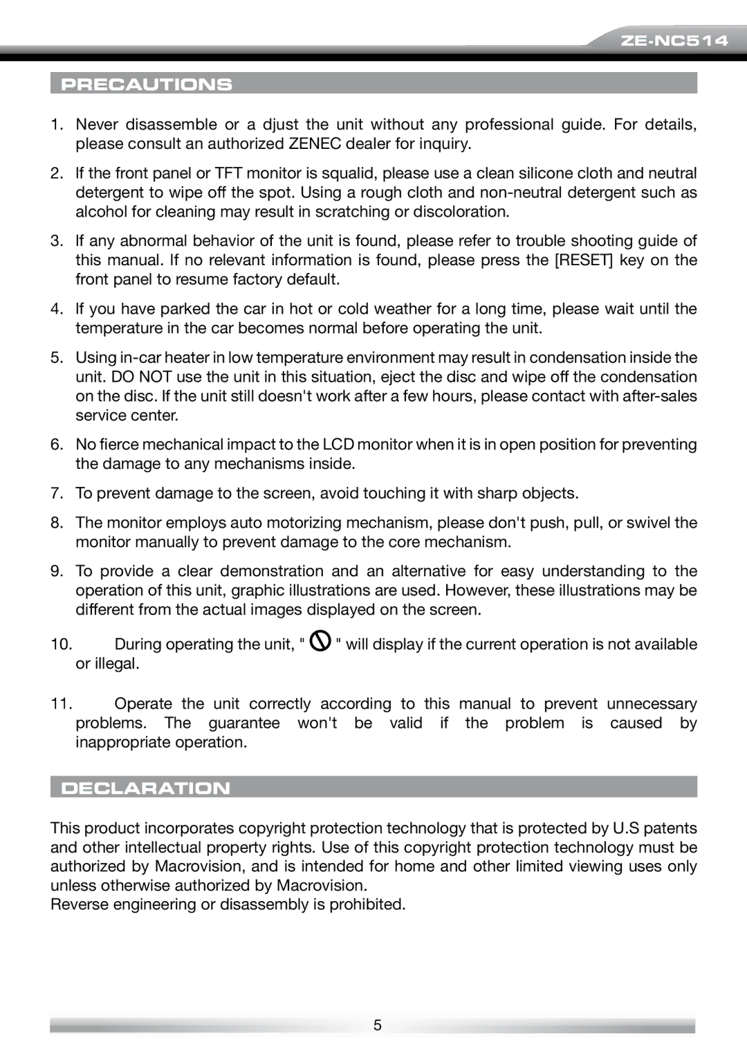 ACR Electronics ZE-NES14 user manual Precautions, Declaration 