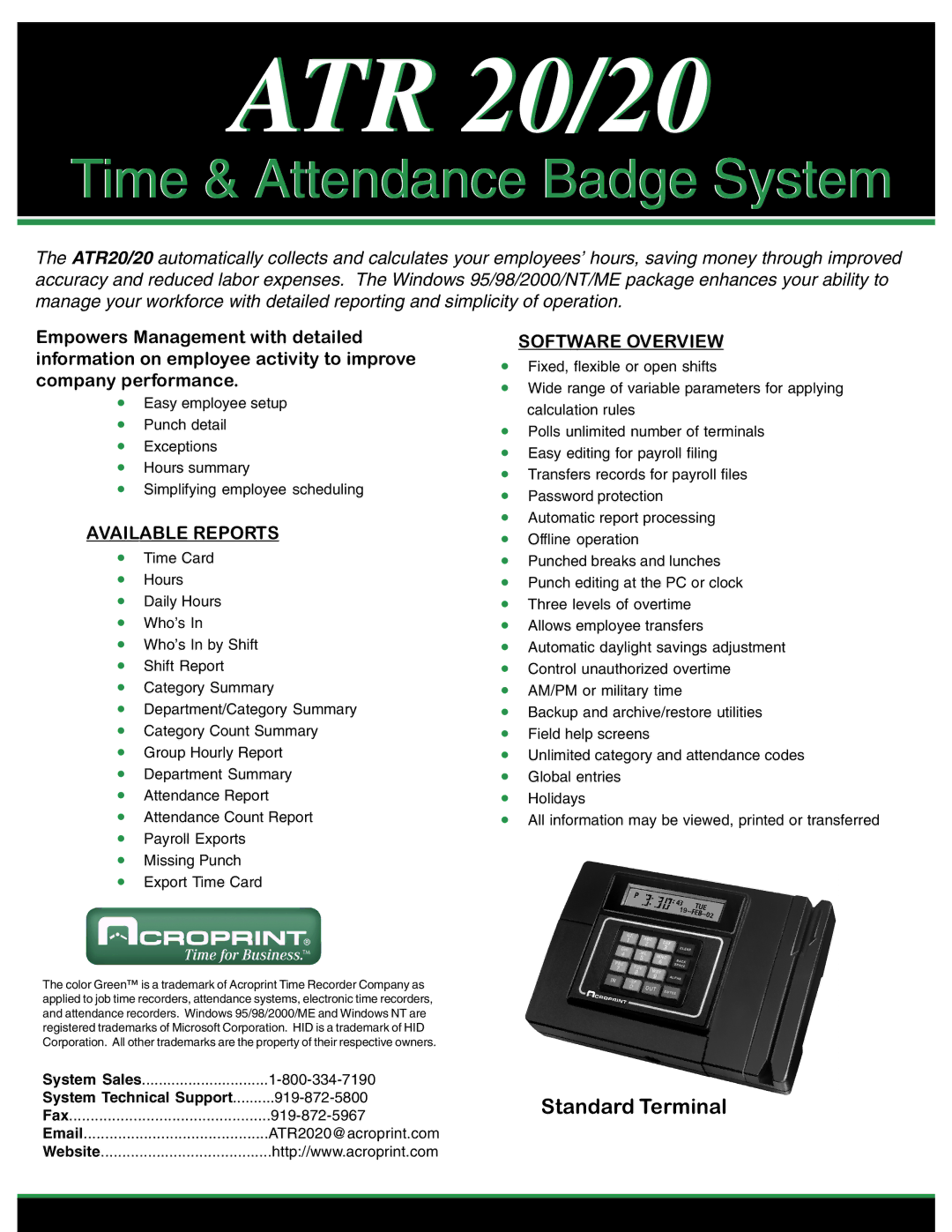 Acroprint ATR20/20-5, ATR20/20-4 manual ATR 20/20, Time & Attendance Badge System, Available Reports, Software Overview 