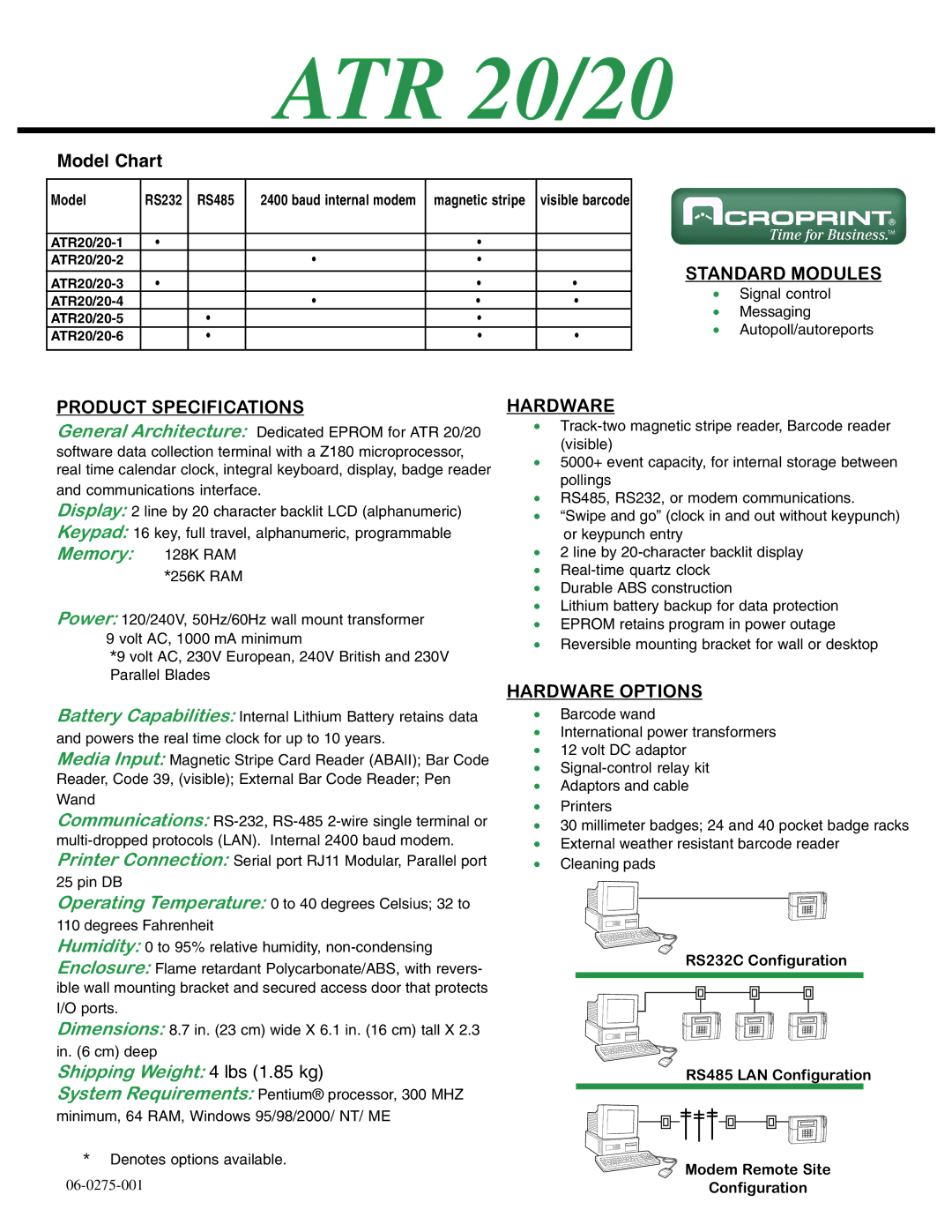 Acroprint ATR20/20-4, ATR20/20-5, ATR20/20-2, ATR20/20-6, ATR20/20-3, ATR20/20-1 manual ATR 20/20, Model Chart 