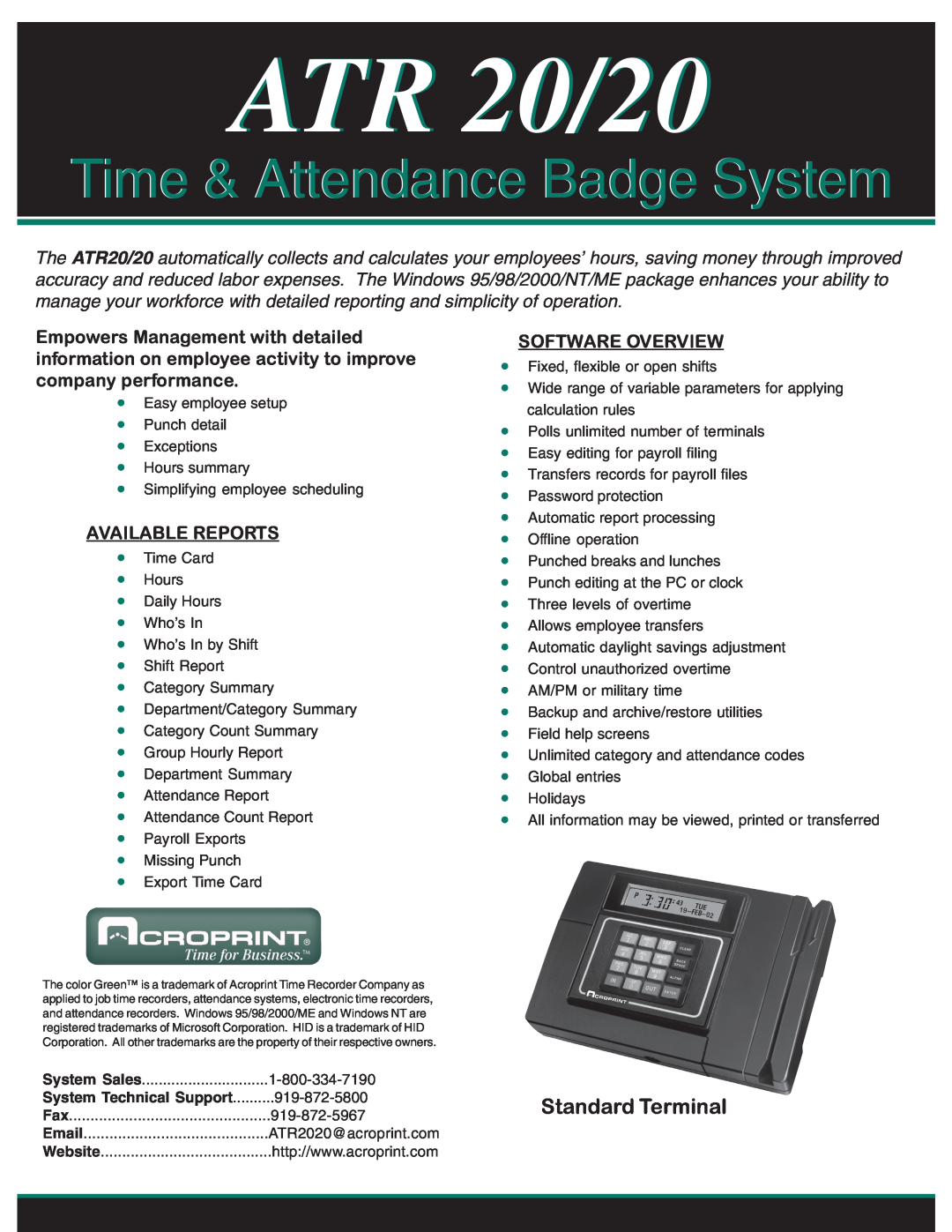 Acroprint ATR20/20-5, ATR20/20-4 manual Available Reports, Software Overview, ATR 20/20, Time & Attendance Badge System 