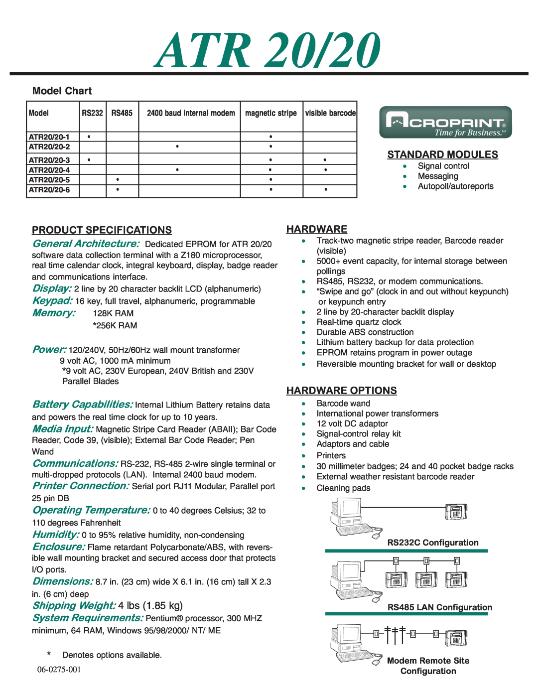 Acroprint ATR20/20-4, ATR20/20-5 Standard Modules, Product Specifications, Hardware Options, ATR 20/20, Model Chart 
