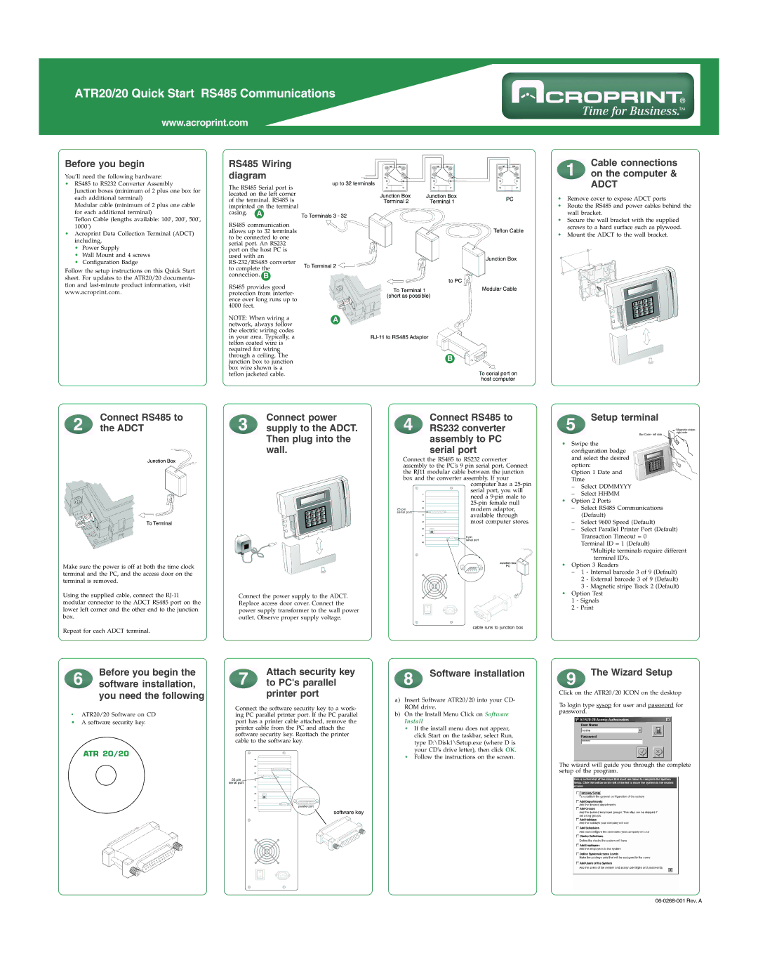 Acroprint ATR20/20 quick start Before you begin, RS485 Wiring diagram, Cable connections on the computer, Then plug into 