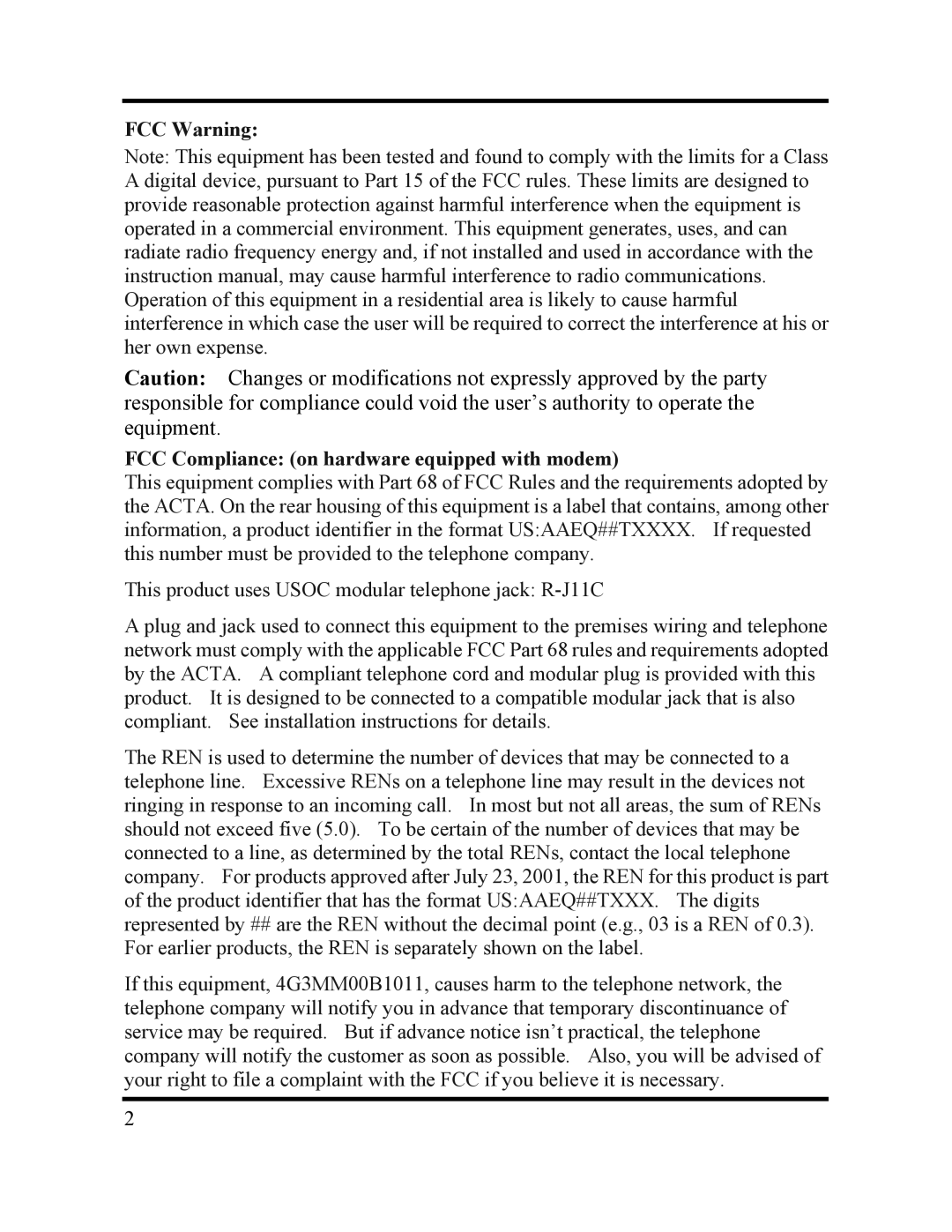 Acroprint DC7000 manual FCC Warning FCC Compliance on hardware equipped with modem 