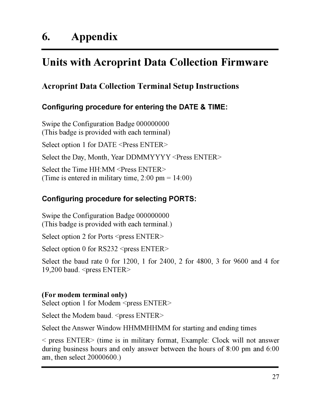 Acroprint DC7000 manual Appendix Units with Acroprint Data Collection Firmware 