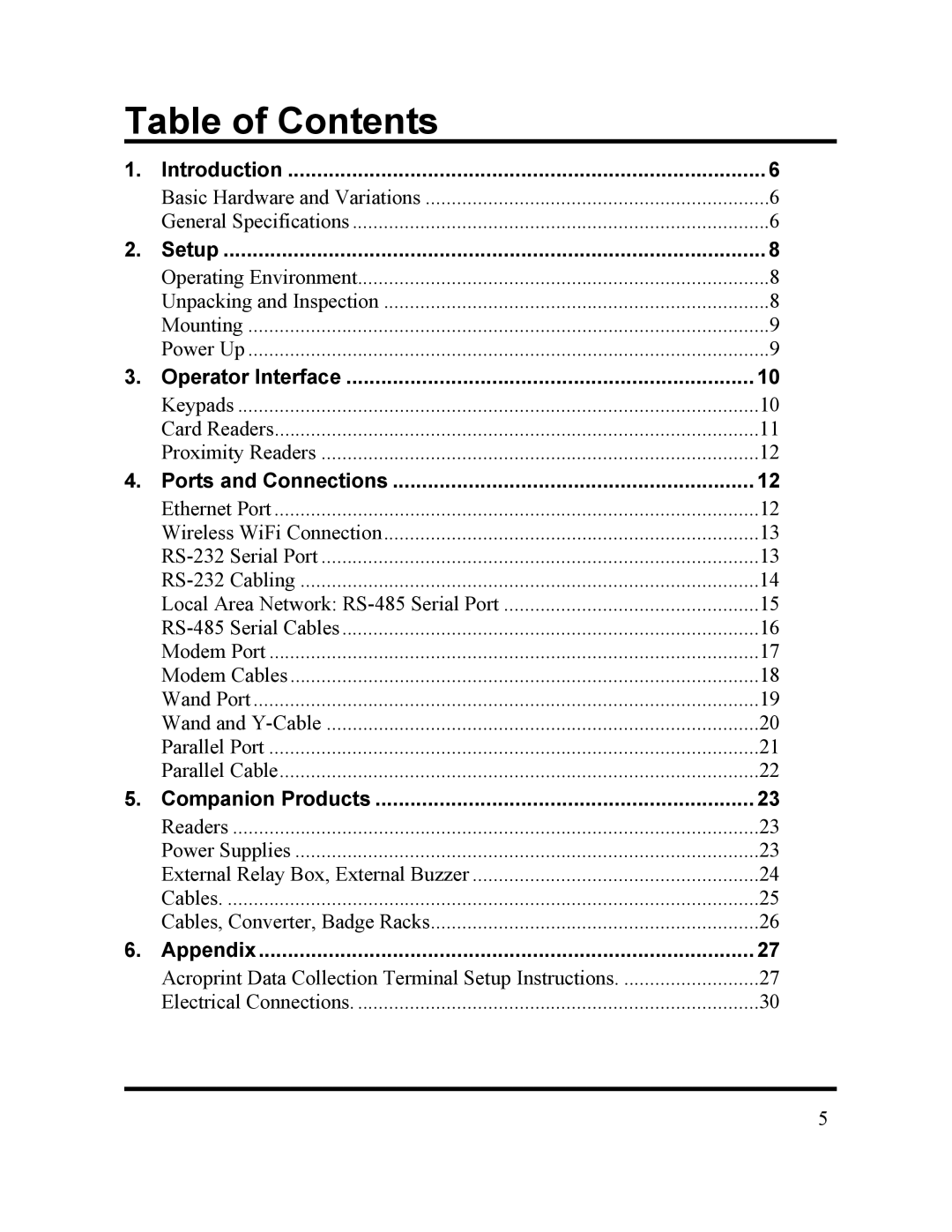 Acroprint DC7000 manual Table of Contents 