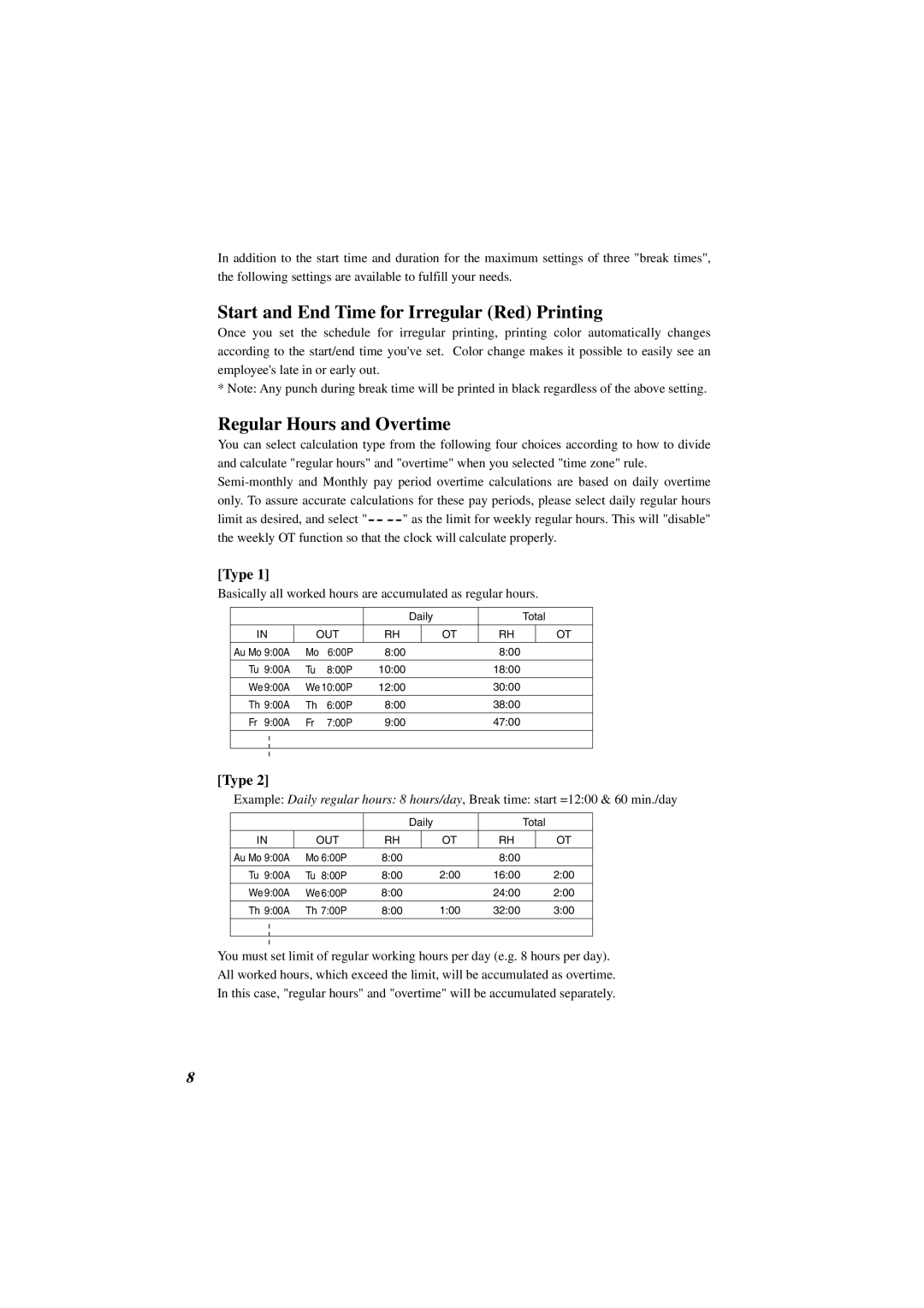 Acroprint ES1000 user manual Start and End Time for Irregular Red Printing, Regular Hours and Overtime 