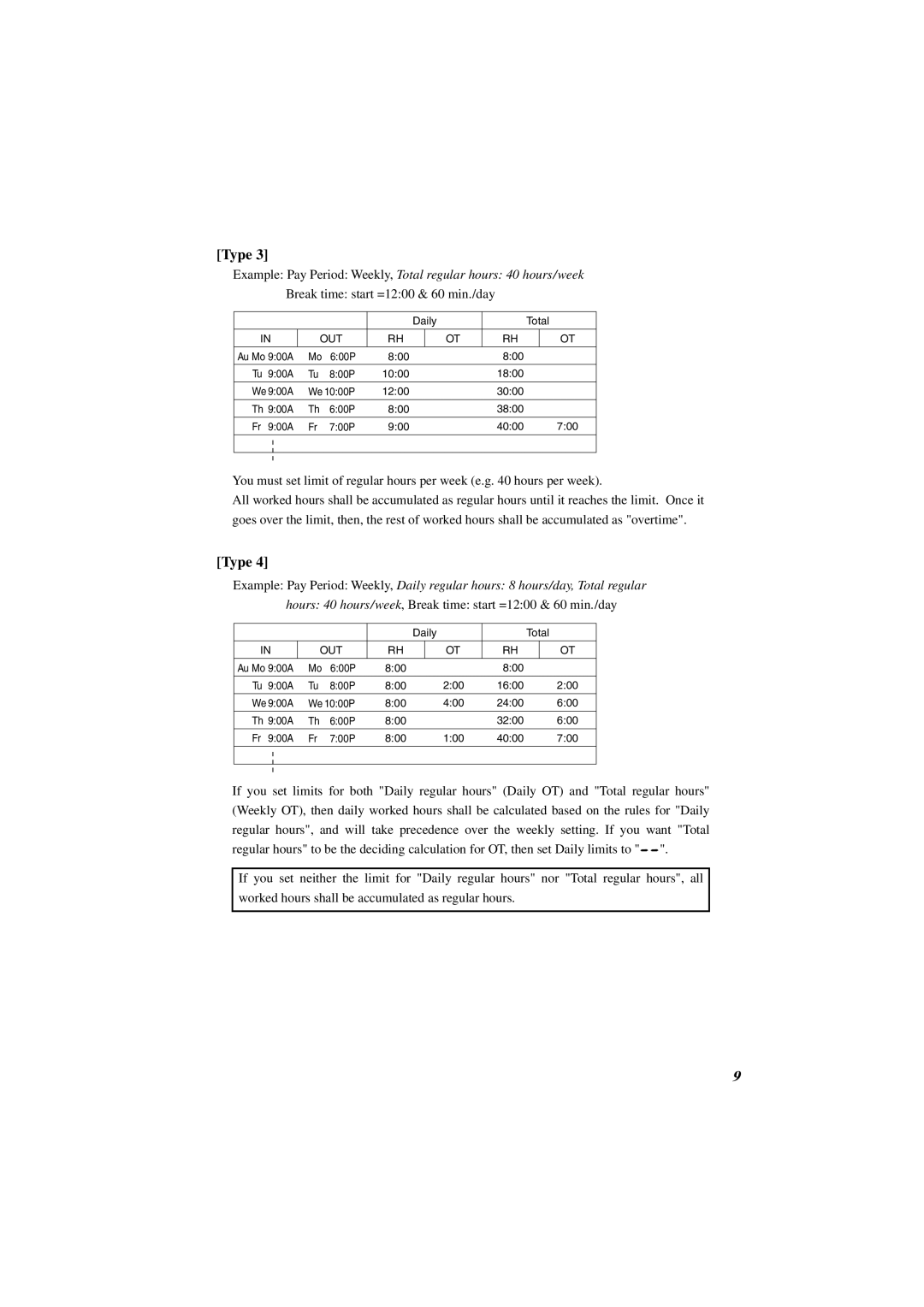 Acroprint ES1000 user manual Example Pay Period Weekly, Total regular hours 40 hours/week 