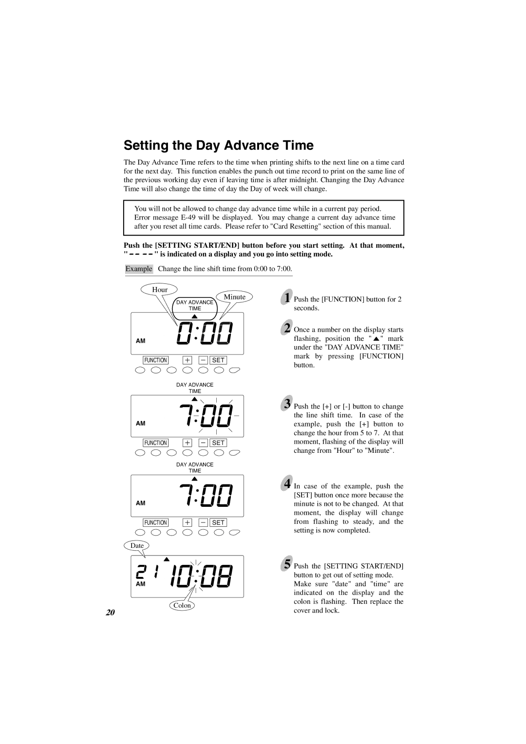 Acroprint ES1000 user manual Setting the Day Advance Time 