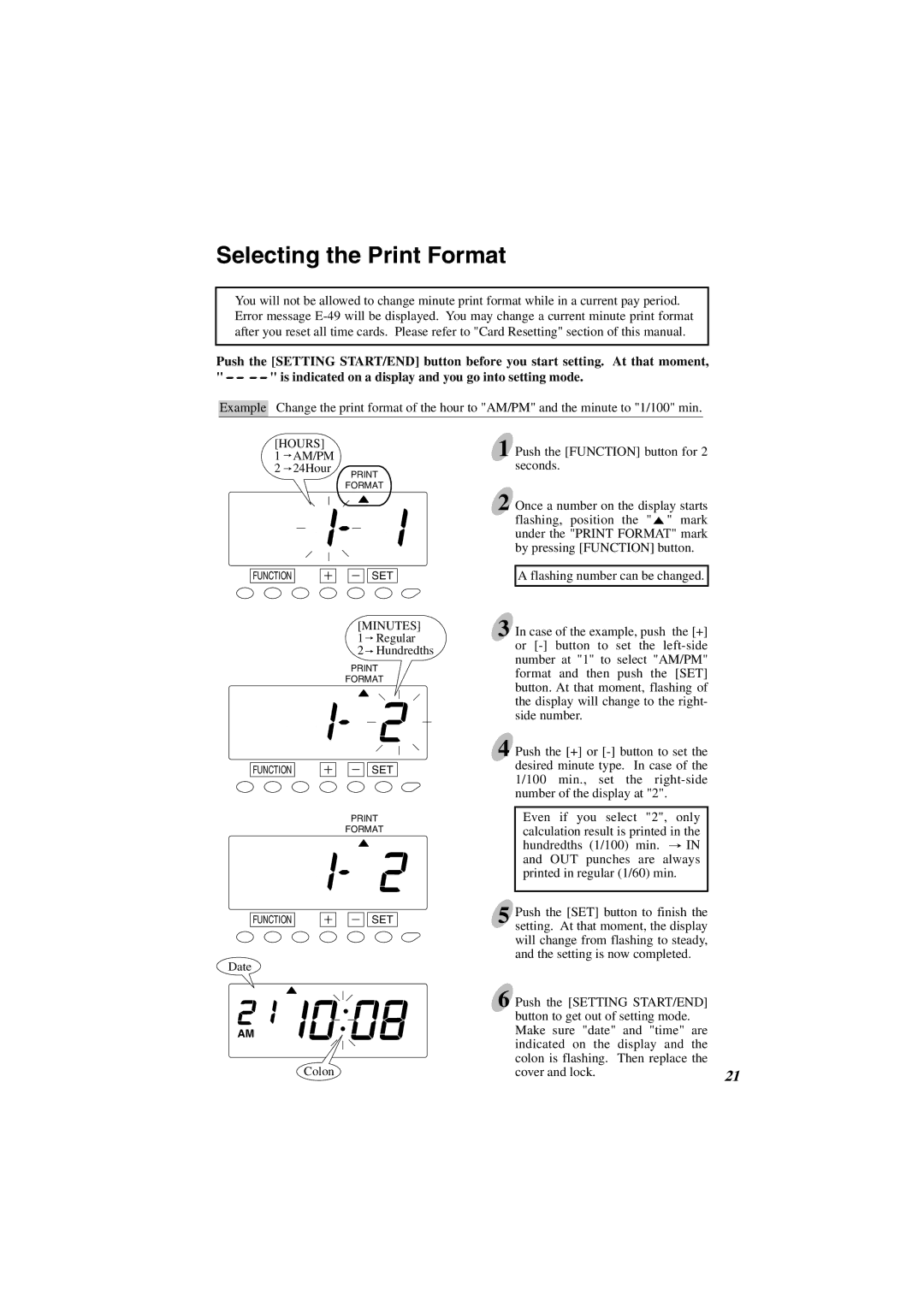 Acroprint ES1000 user manual Selecting the Print Format, Hours AM/PM 