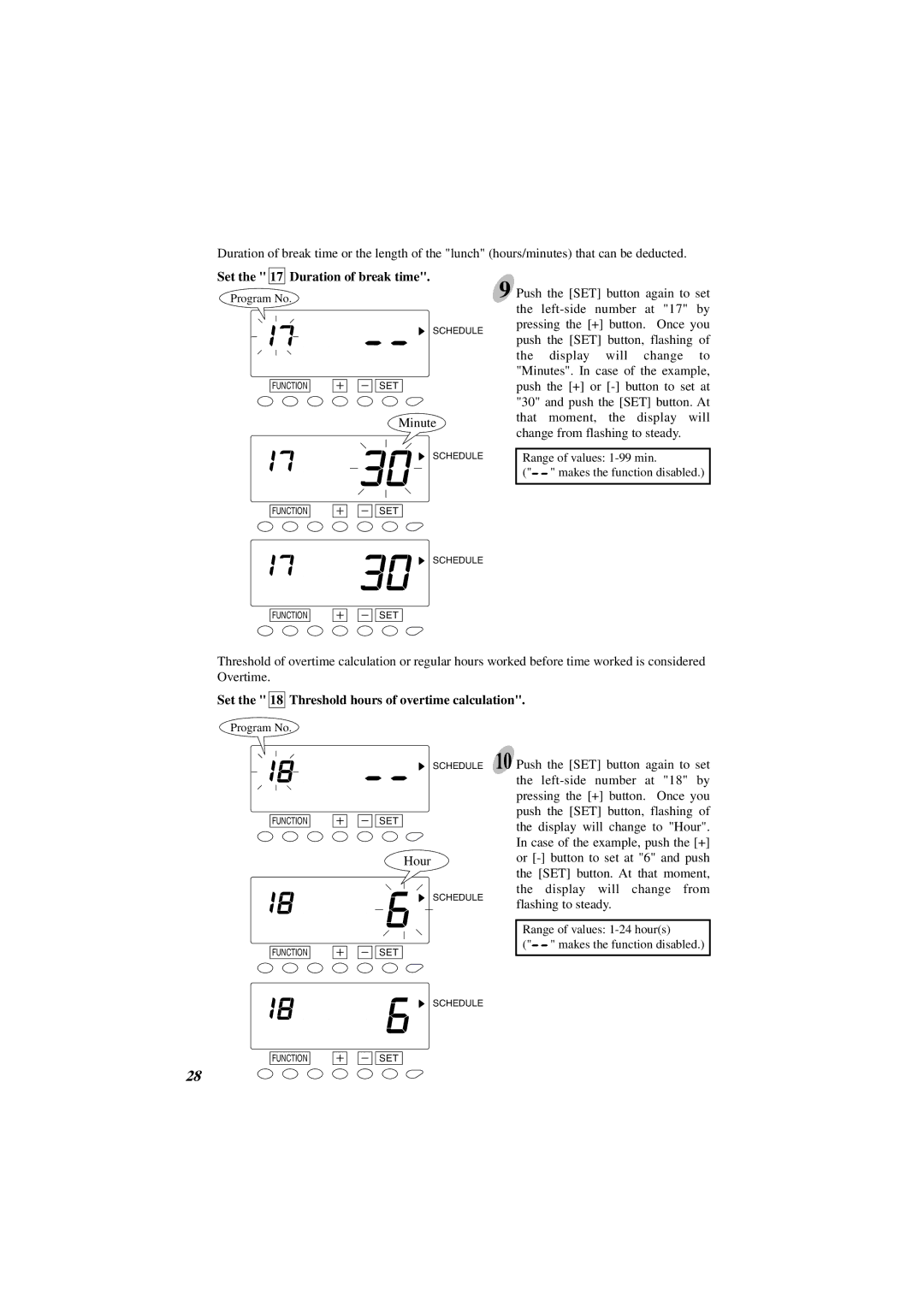 Acroprint ES1000 user manual Set the 17 Duration of break time, Set the 18 Threshold hours of overtime calculation 