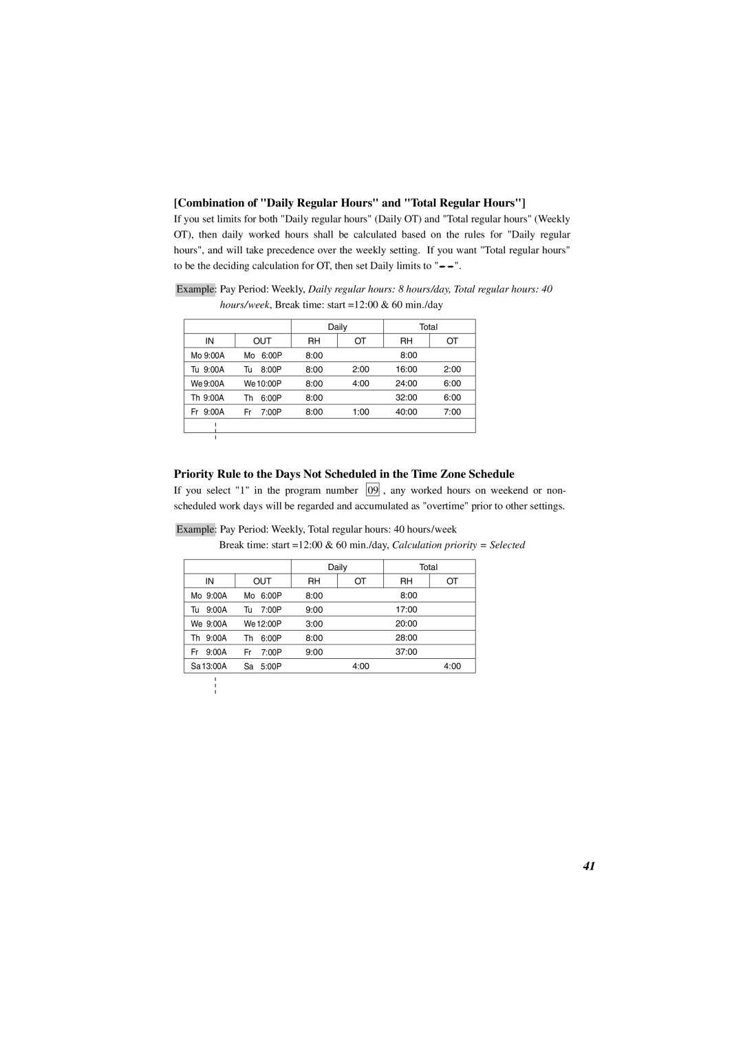 Acroprint ES1000 user manual Combination of Daily Regular Hours and Total Regular Hours 