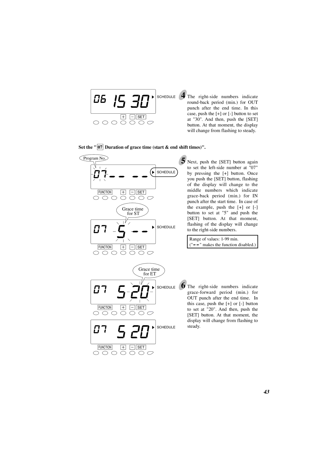 Acroprint ES1000 user manual Set the 07 Duration of grace time start & end shift times 