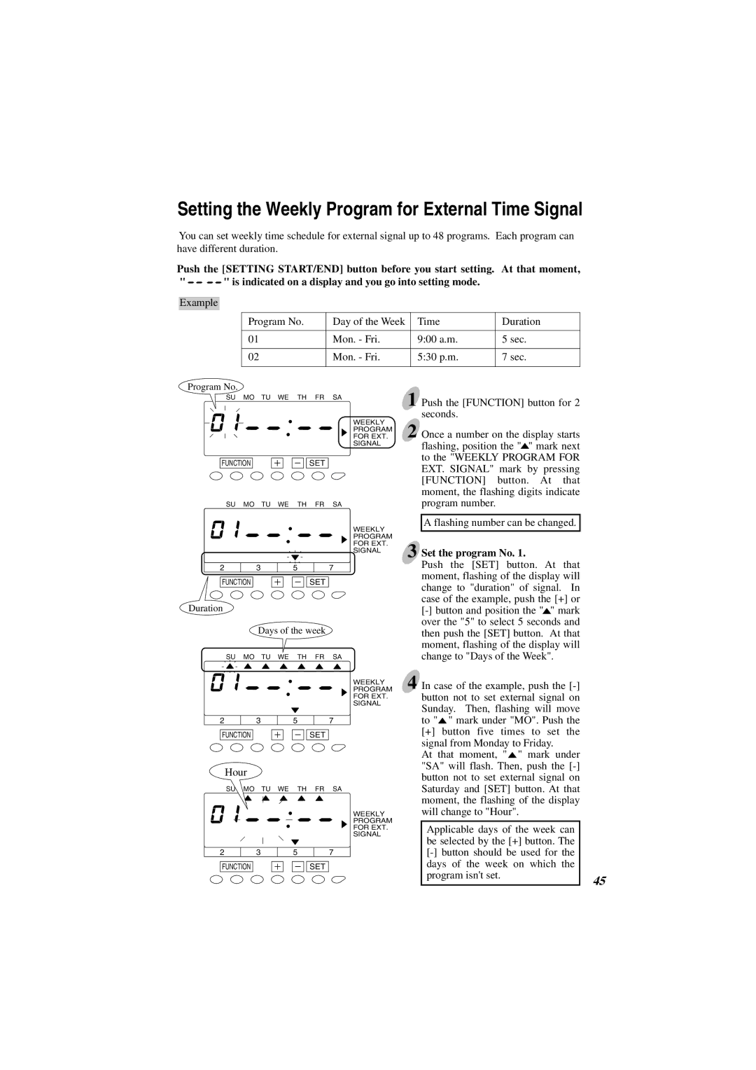 Acroprint ES1000 user manual Setting the Weekly Program for External Time Signal, Set the program No 