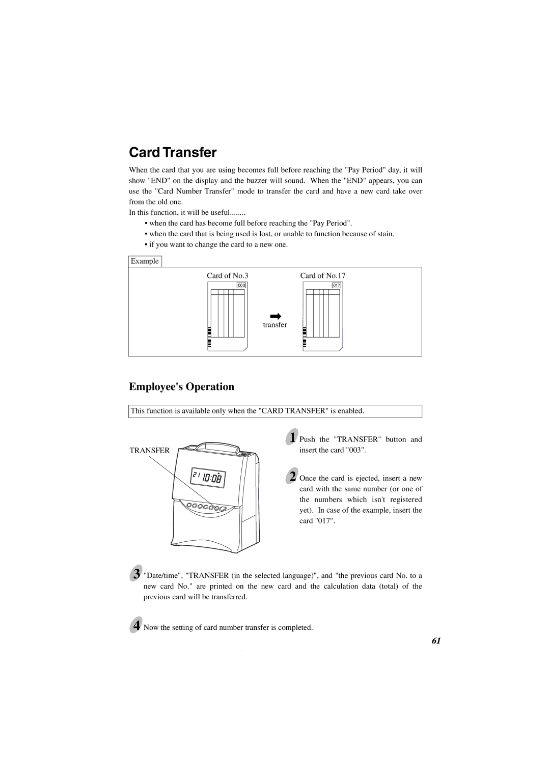 Acroprint ES1000 user manual Card Transfer, Employees Operation 