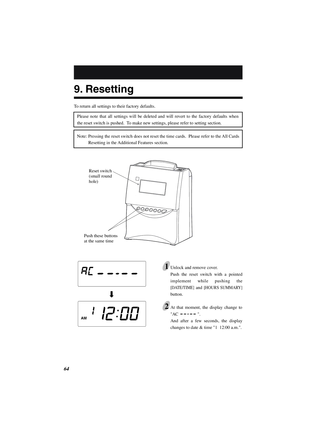 Acroprint ES1000 user manual Resetting 