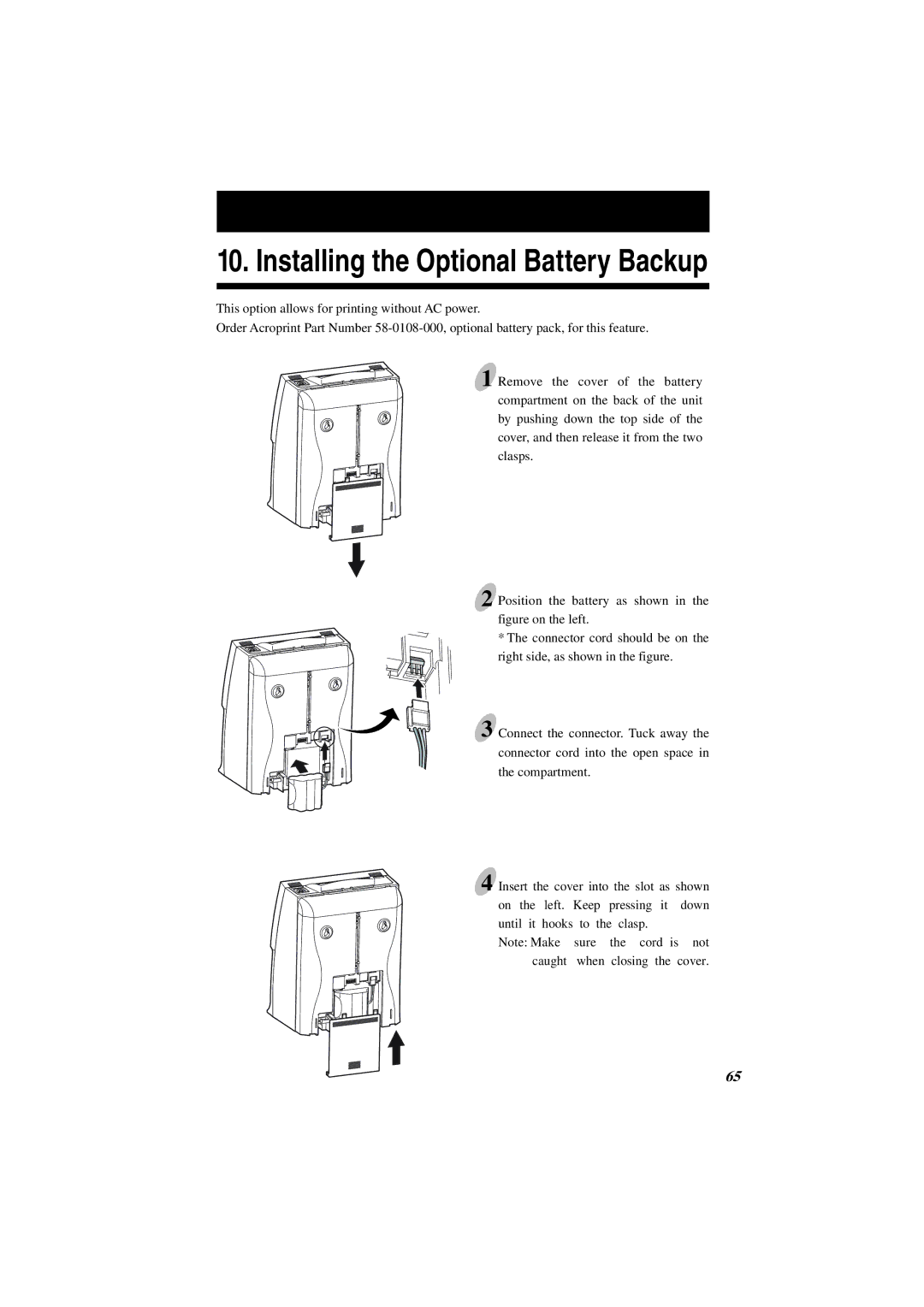 Acroprint ES1000 user manual Installing the Optional Battery Backup 