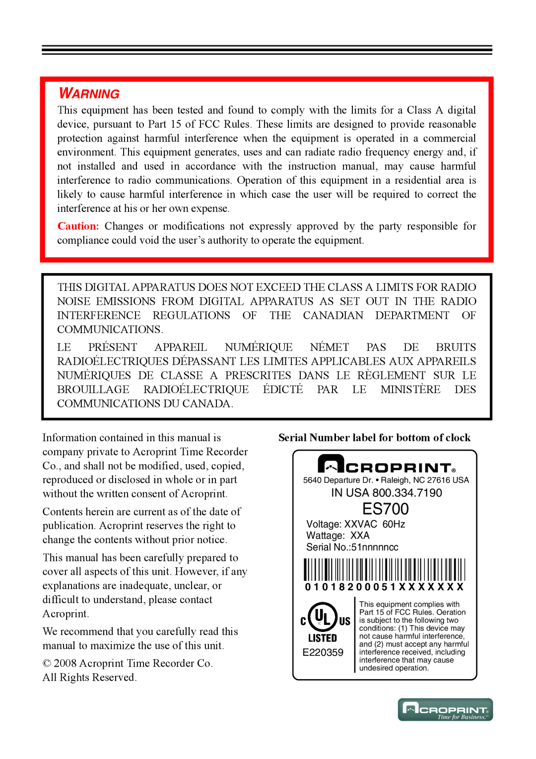 Acroprint ES700 user manual  