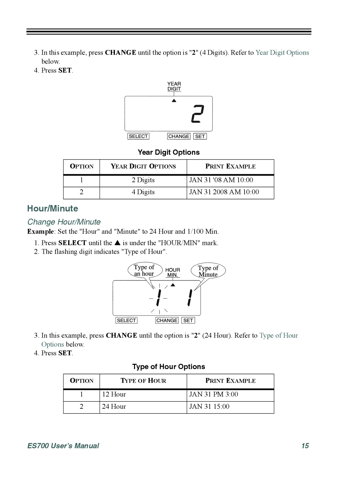 Acroprint ES700 user manual Change Hour/Minute, Year Digit Options, Type of Hour Options 