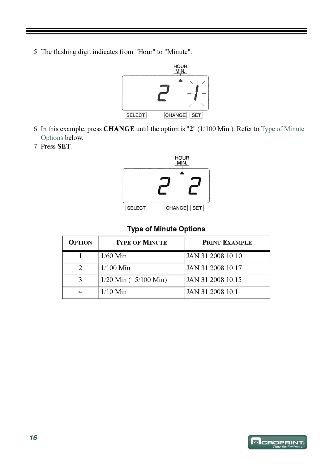 Acroprint ES700 user manual Type of Minute Options 