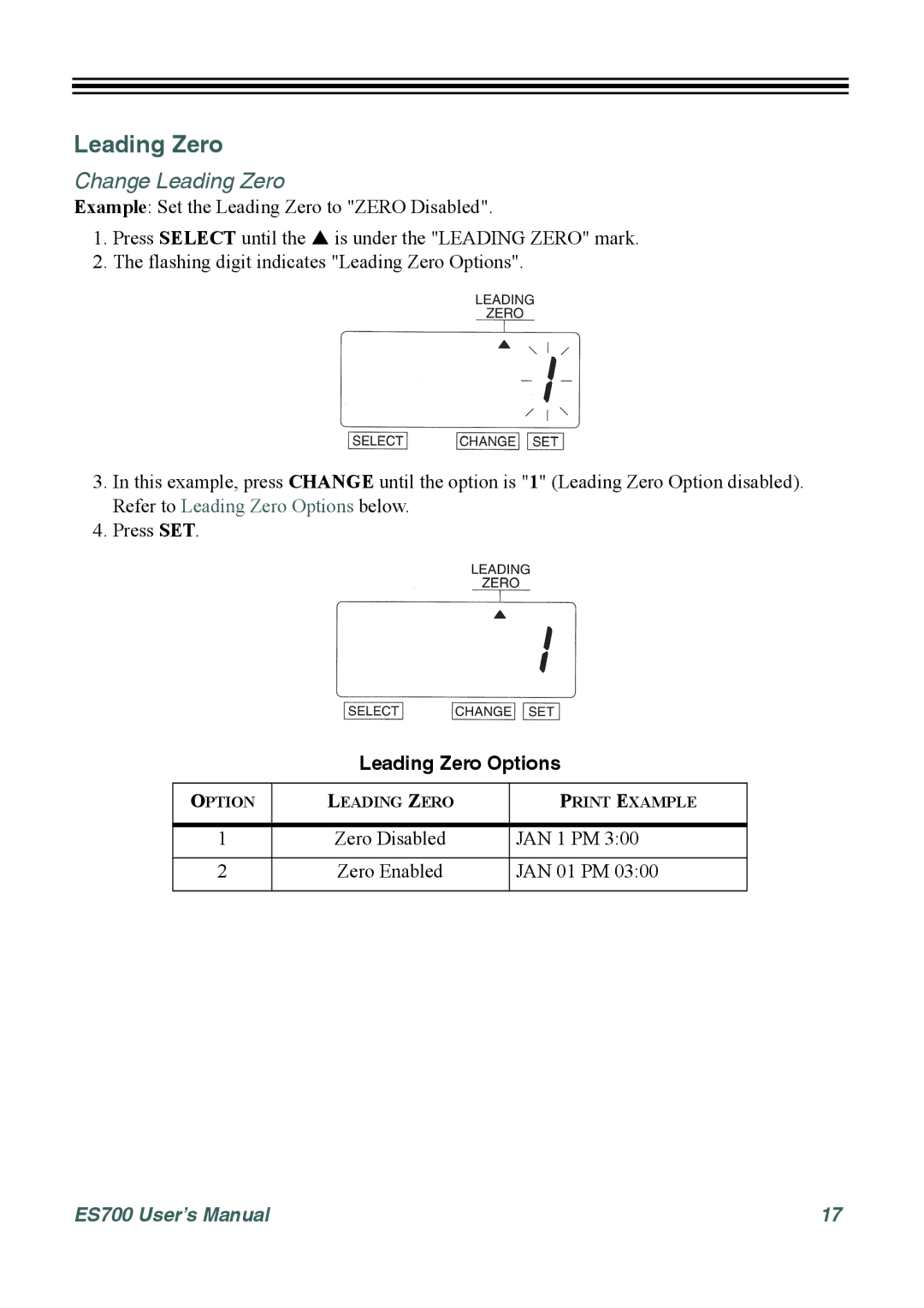 Acroprint ES700 user manual Change Leading Zero, Leading Zero Options 