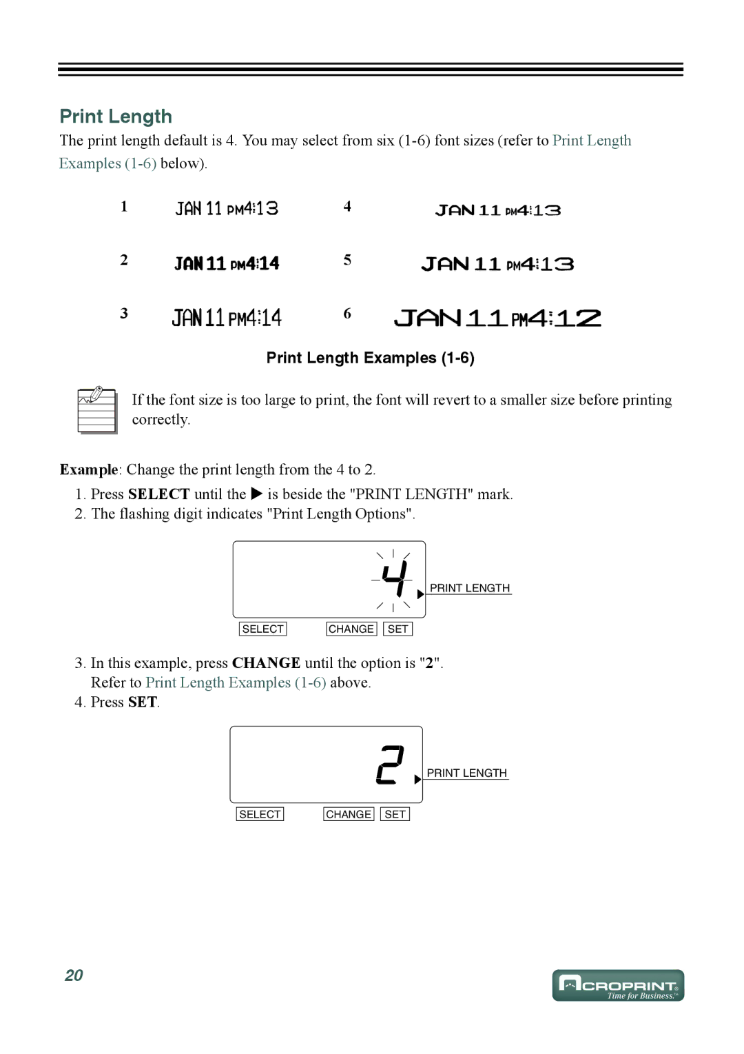 Acroprint ES700 user manual Print Length Examples 