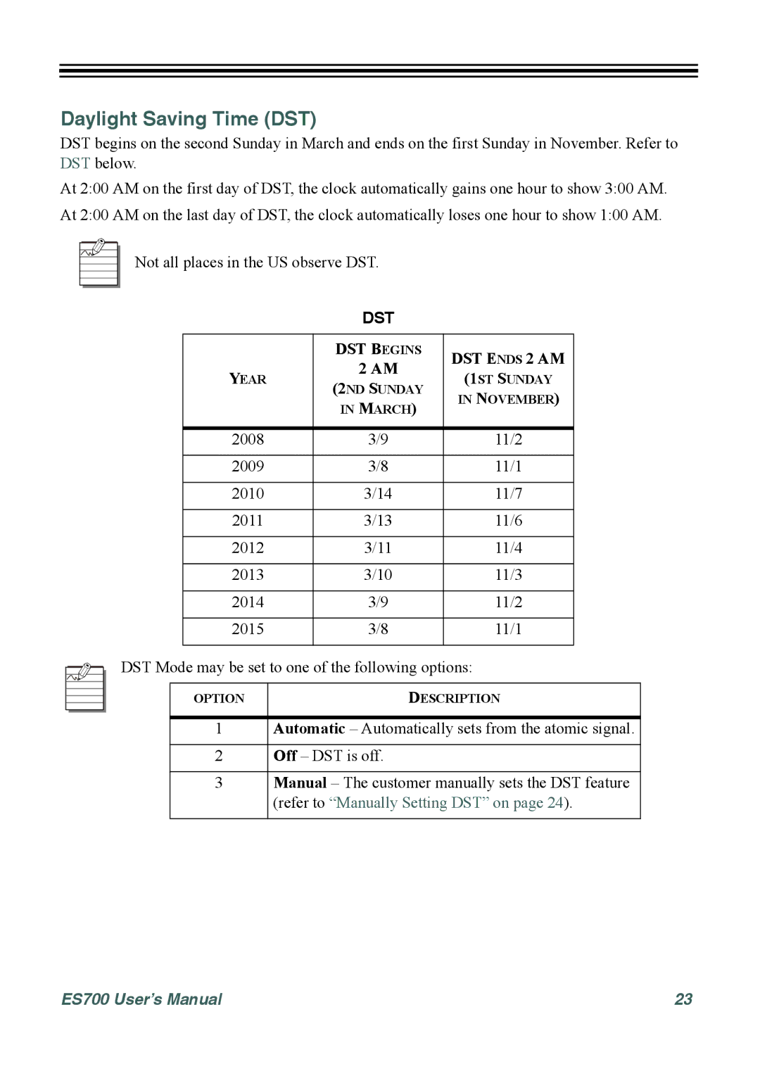 Acroprint ES700 user manual Daylight Saving Time DST, Dst 