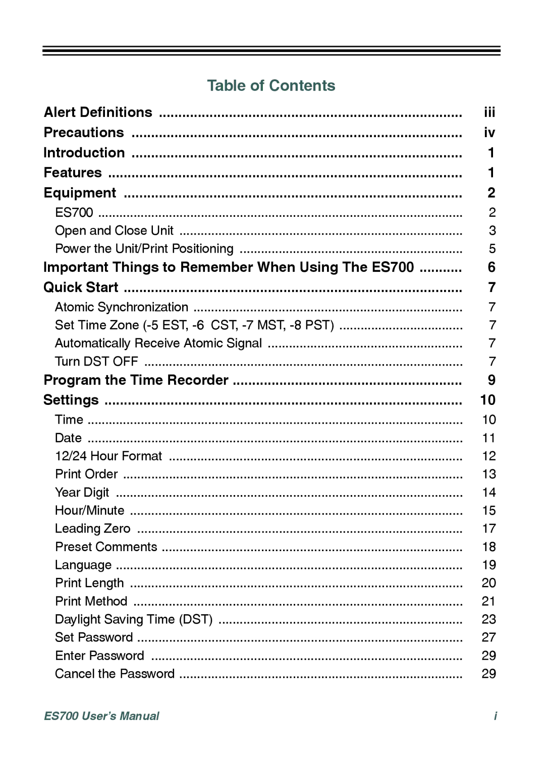 Acroprint ES700 user manual Table of Contents 