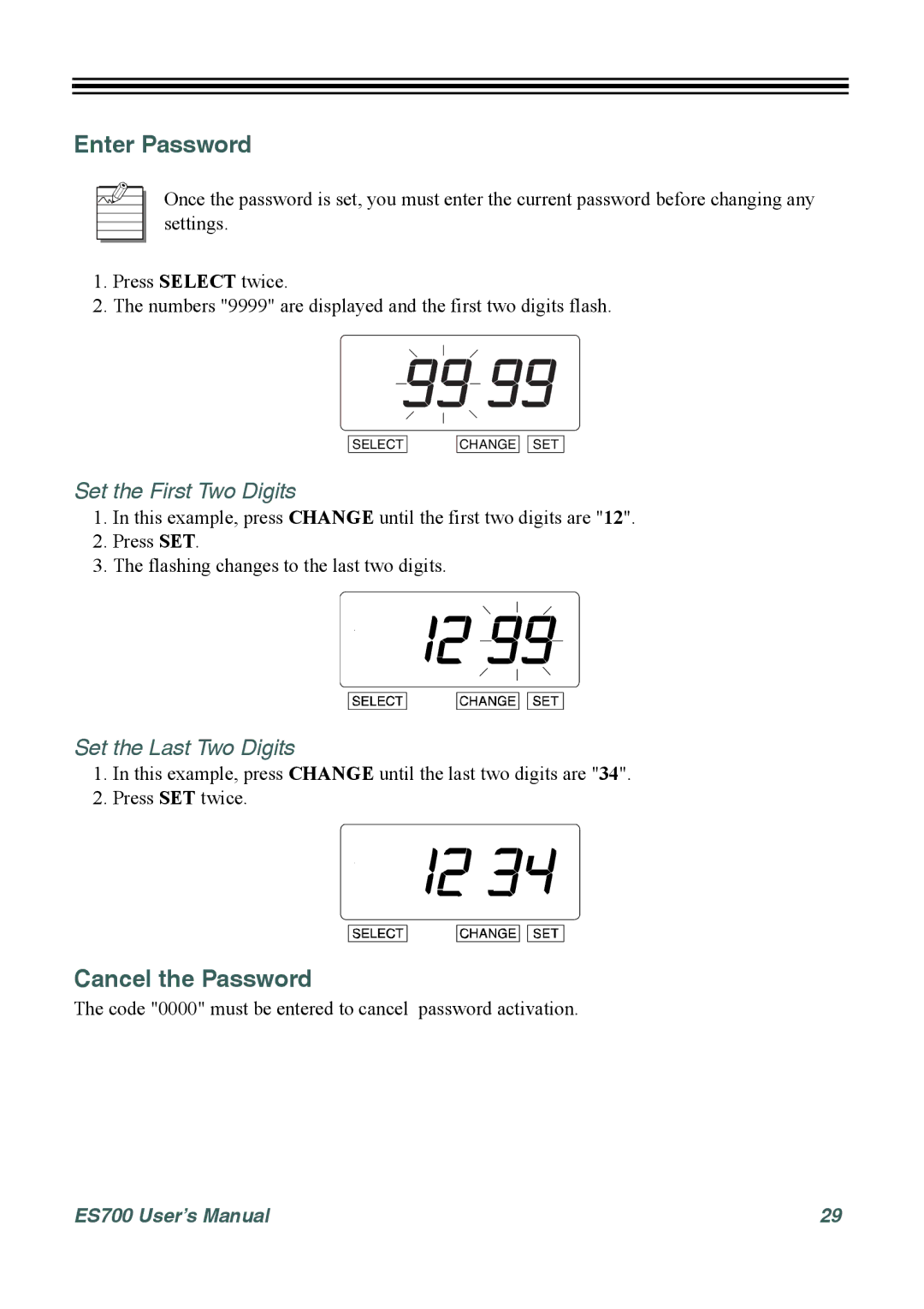 Acroprint ES700 user manual Enter Password, Cancel the Password, Set the First Two Digits, Set the Last Two Digits 