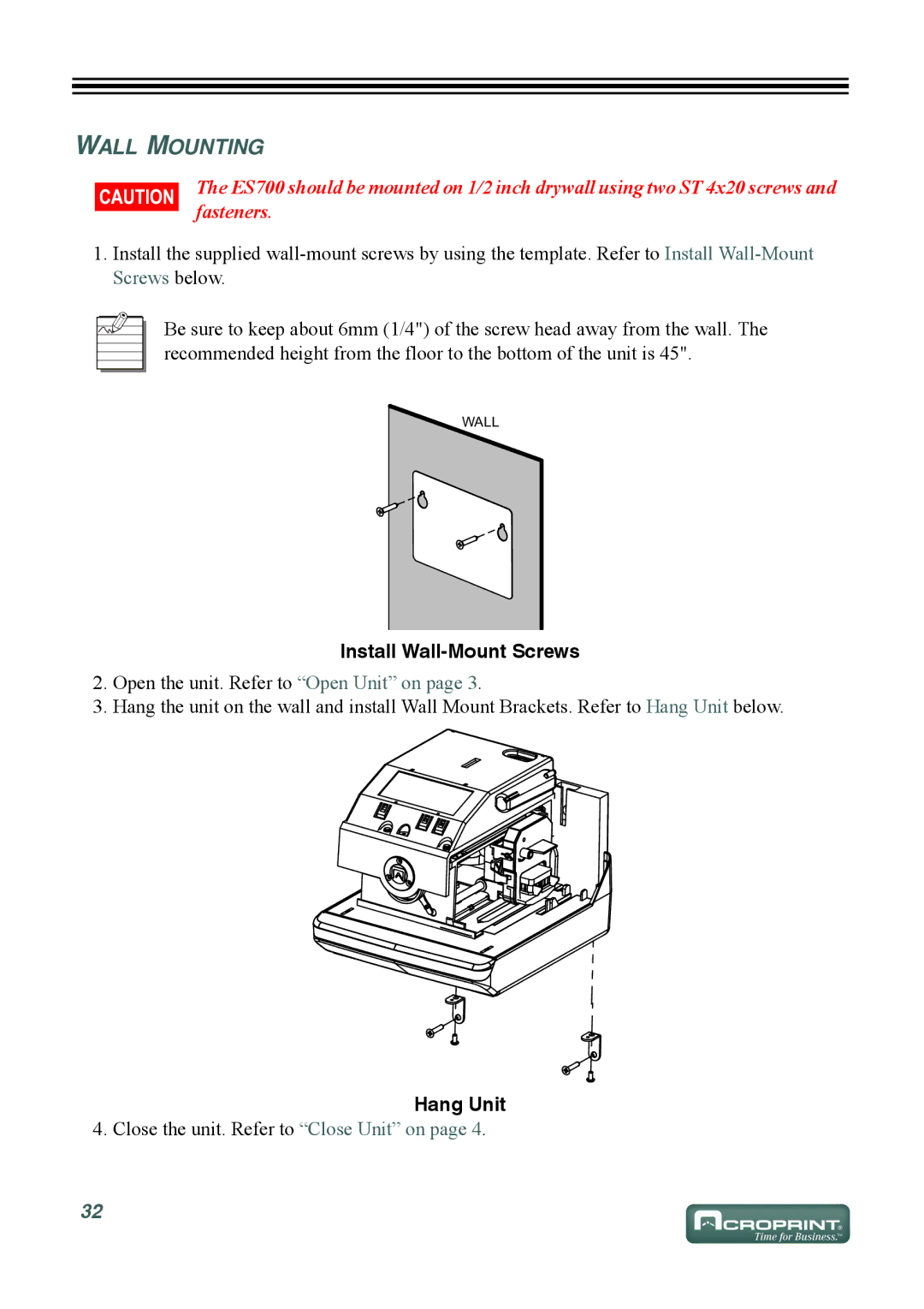 Acroprint ES700 user manual Wall Mounting, Install Wall-Mount Screws, Hang Unit 