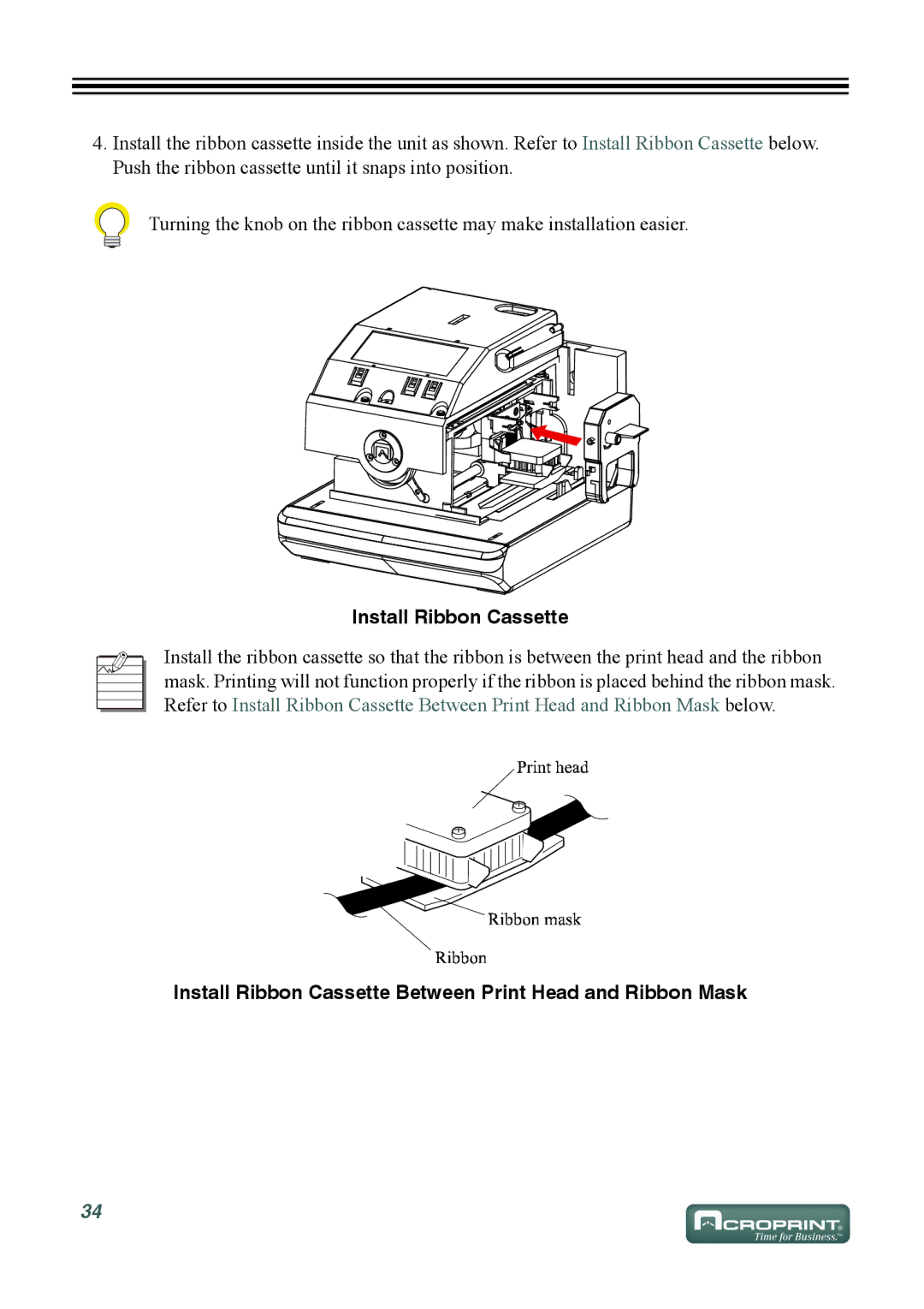 Acroprint ES700 user manual Install Ribbon Cassette Between Print Head and Ribbon Mask 