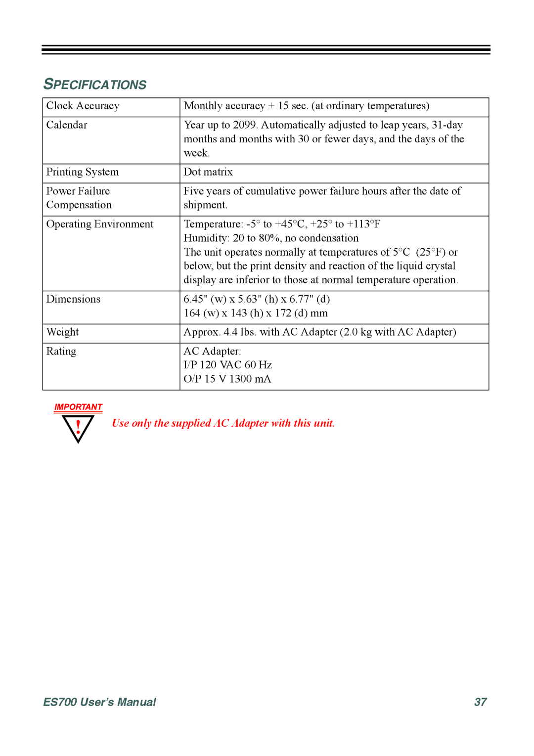 Acroprint ES700 user manual Specifications 