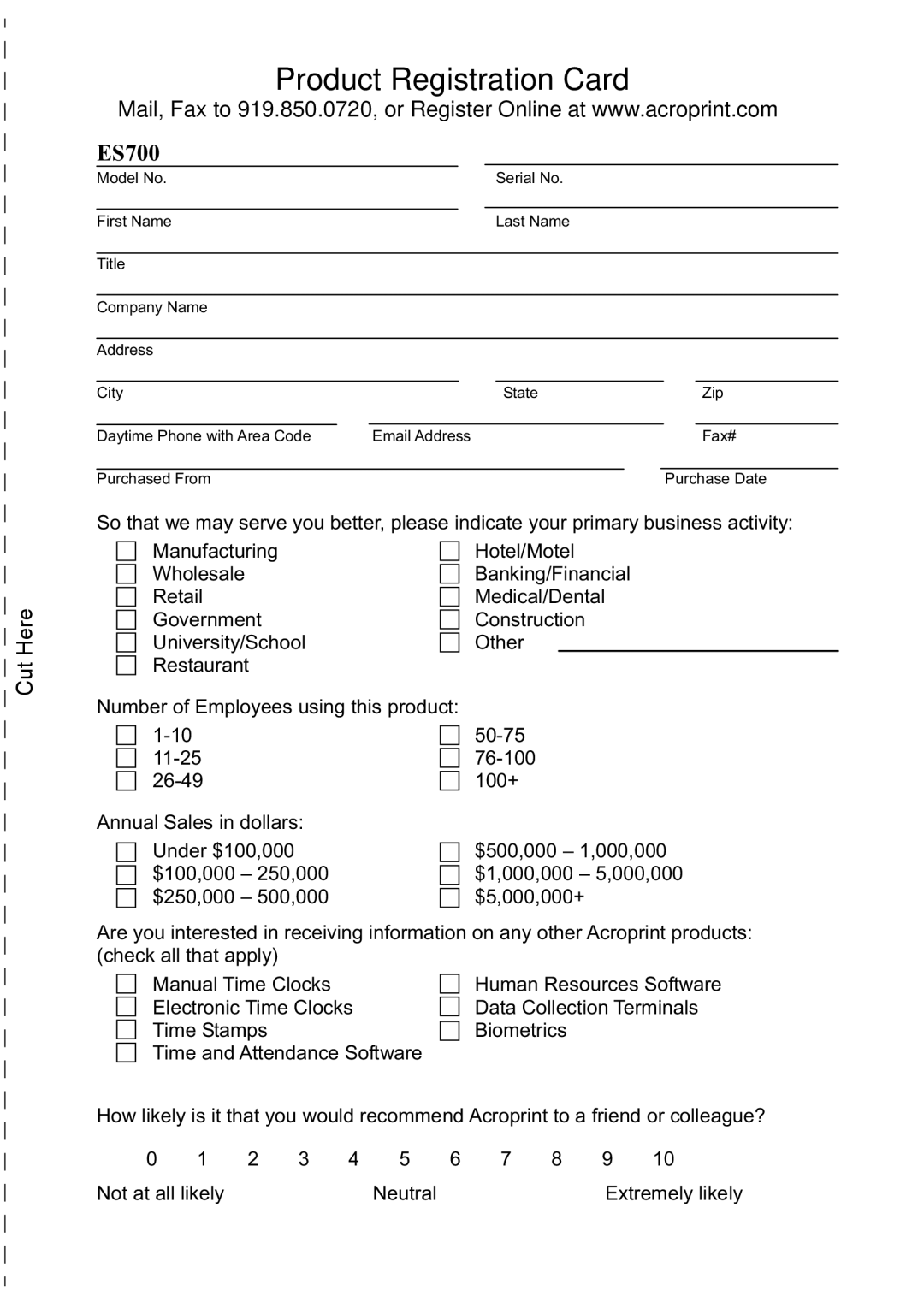 Acroprint ES700 user manual Product Registration Card 