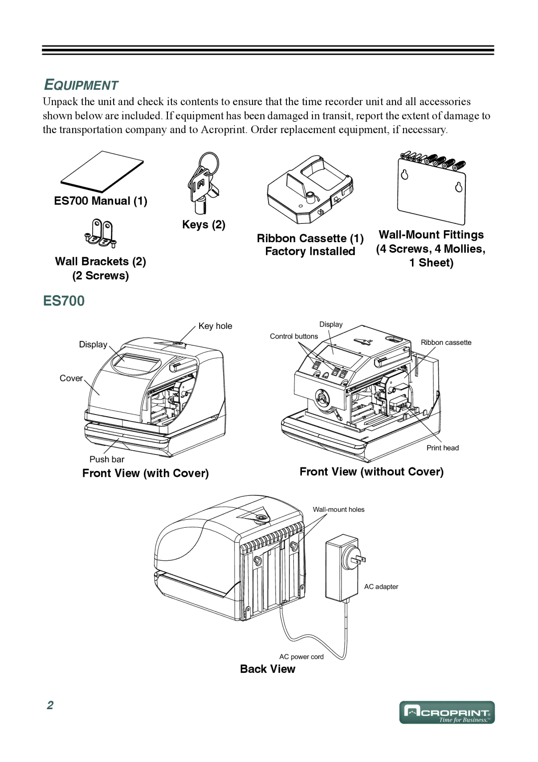 Acroprint ES700 user manual Equipment 