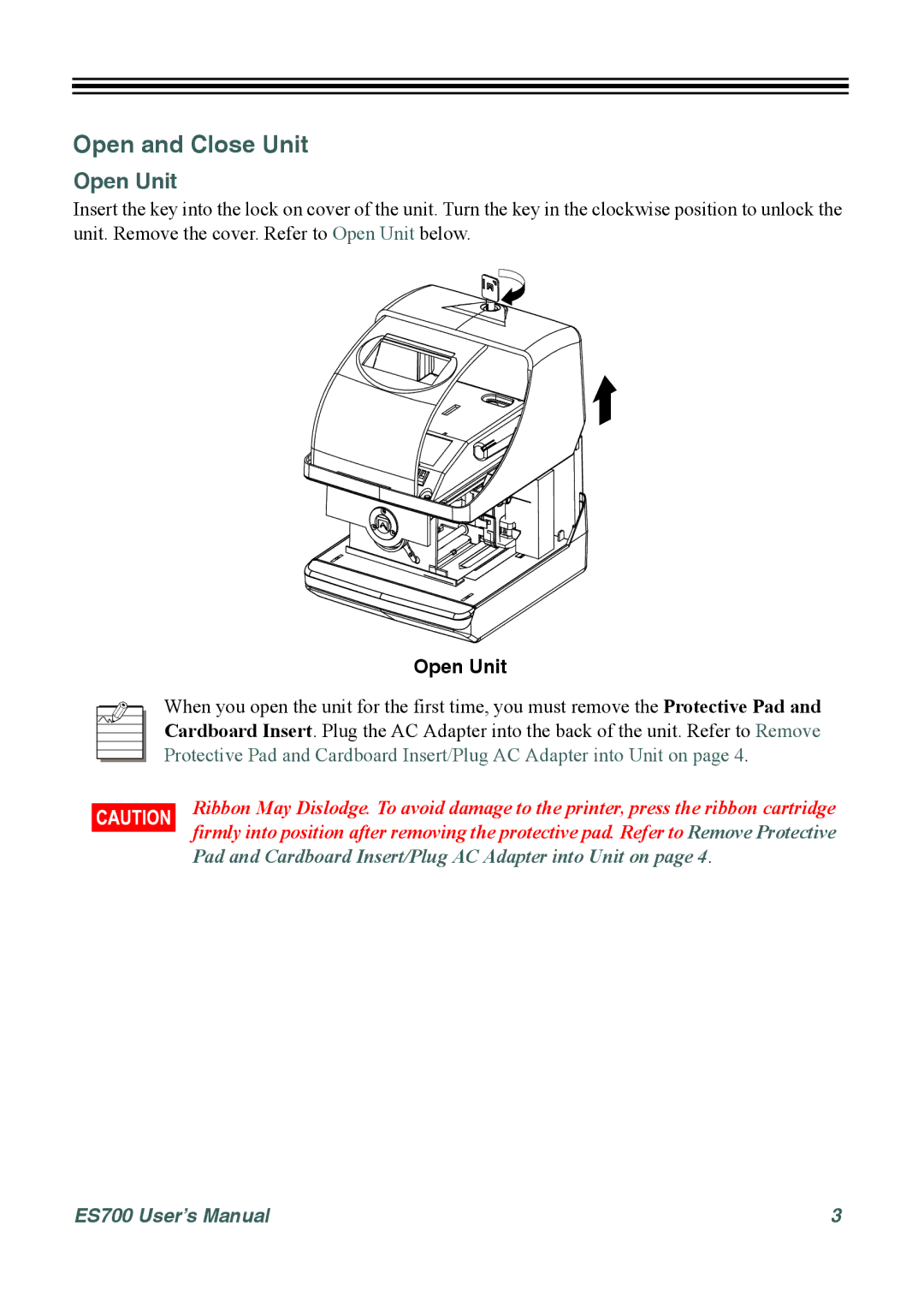 Acroprint ES700 user manual Open and Close Unit, Open Unit 