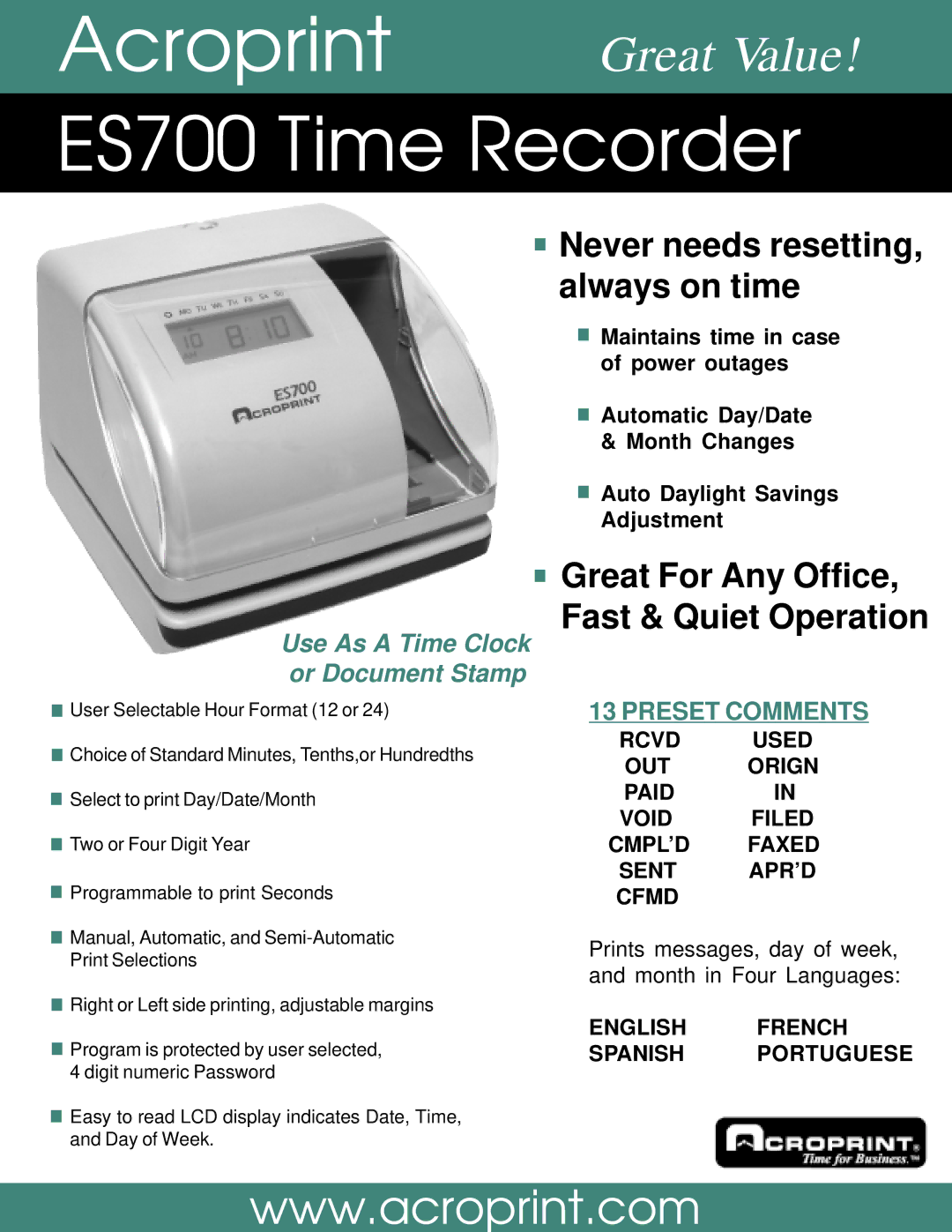 Acroprint manual ES700 Time Recorder, Never needs resetting, always on time, Use As a Time Clock or Document Stamp 