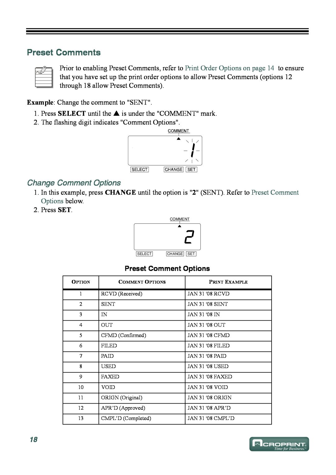 Acroprint ES700 user manual Preset Comments, Change Comment Options, Preset Comment Options 