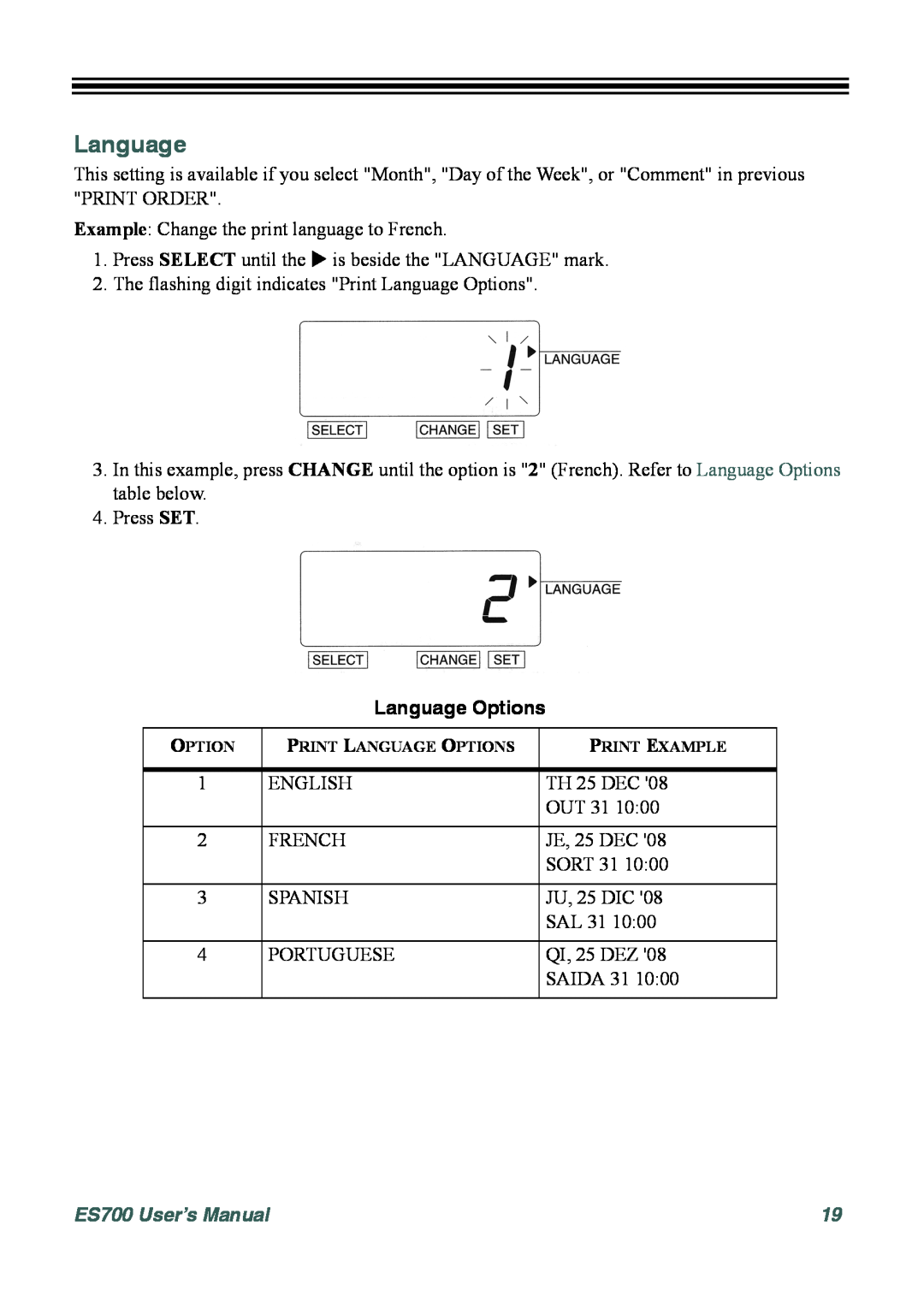 Acroprint ES700 user manual Language Options 