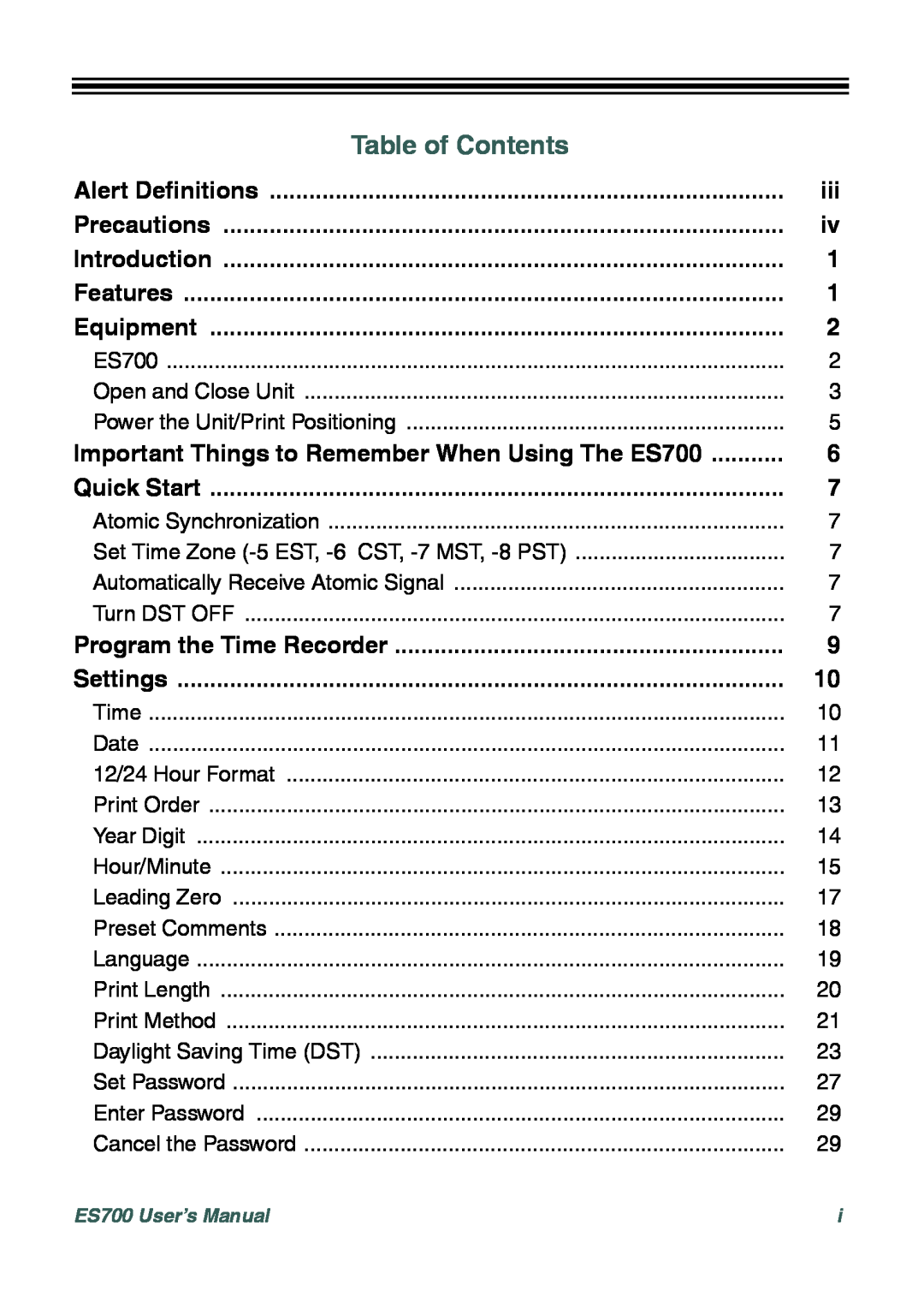 Acroprint ES700 user manual Table of Contents 
