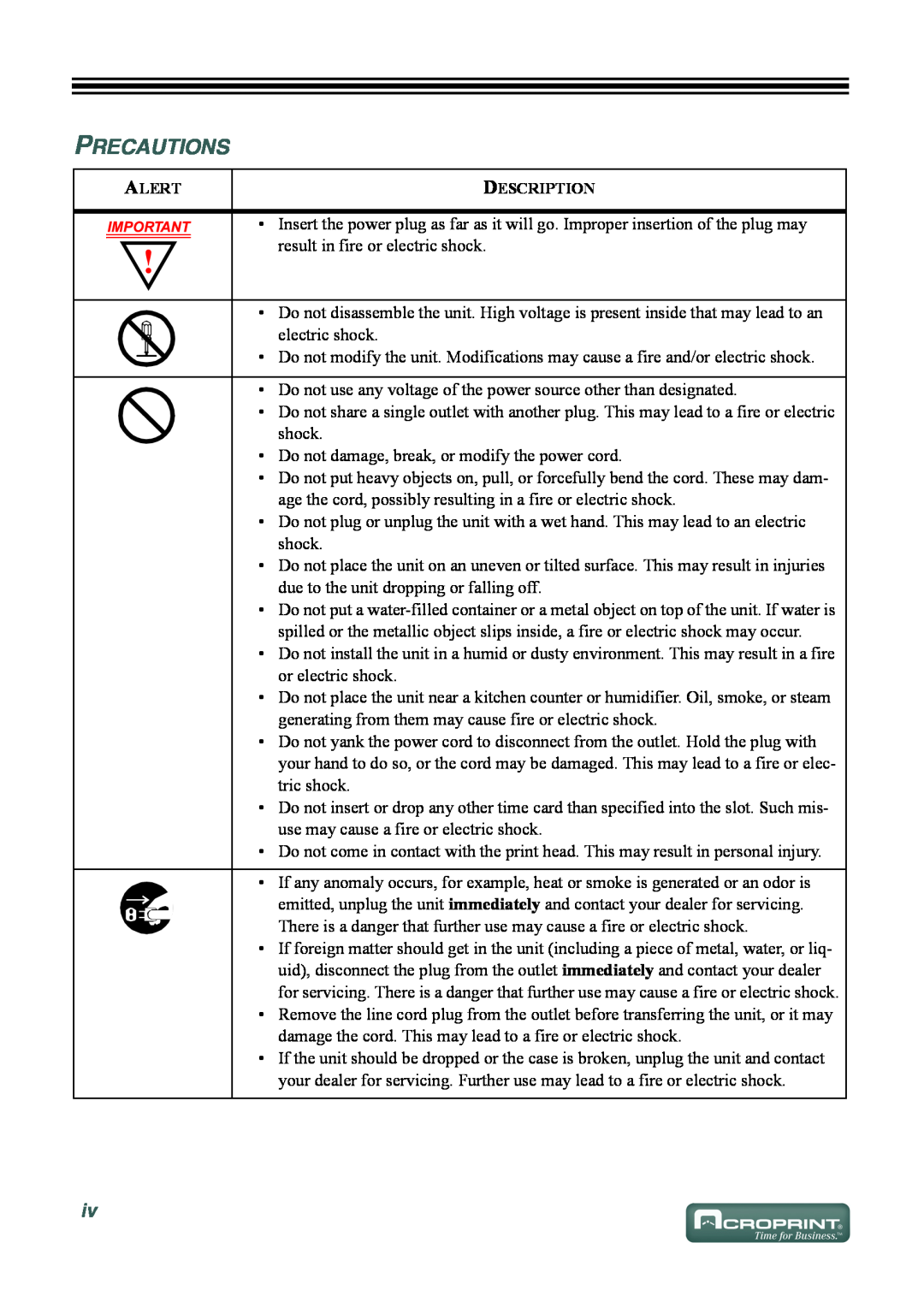 Acroprint ES700 user manual Precautions 