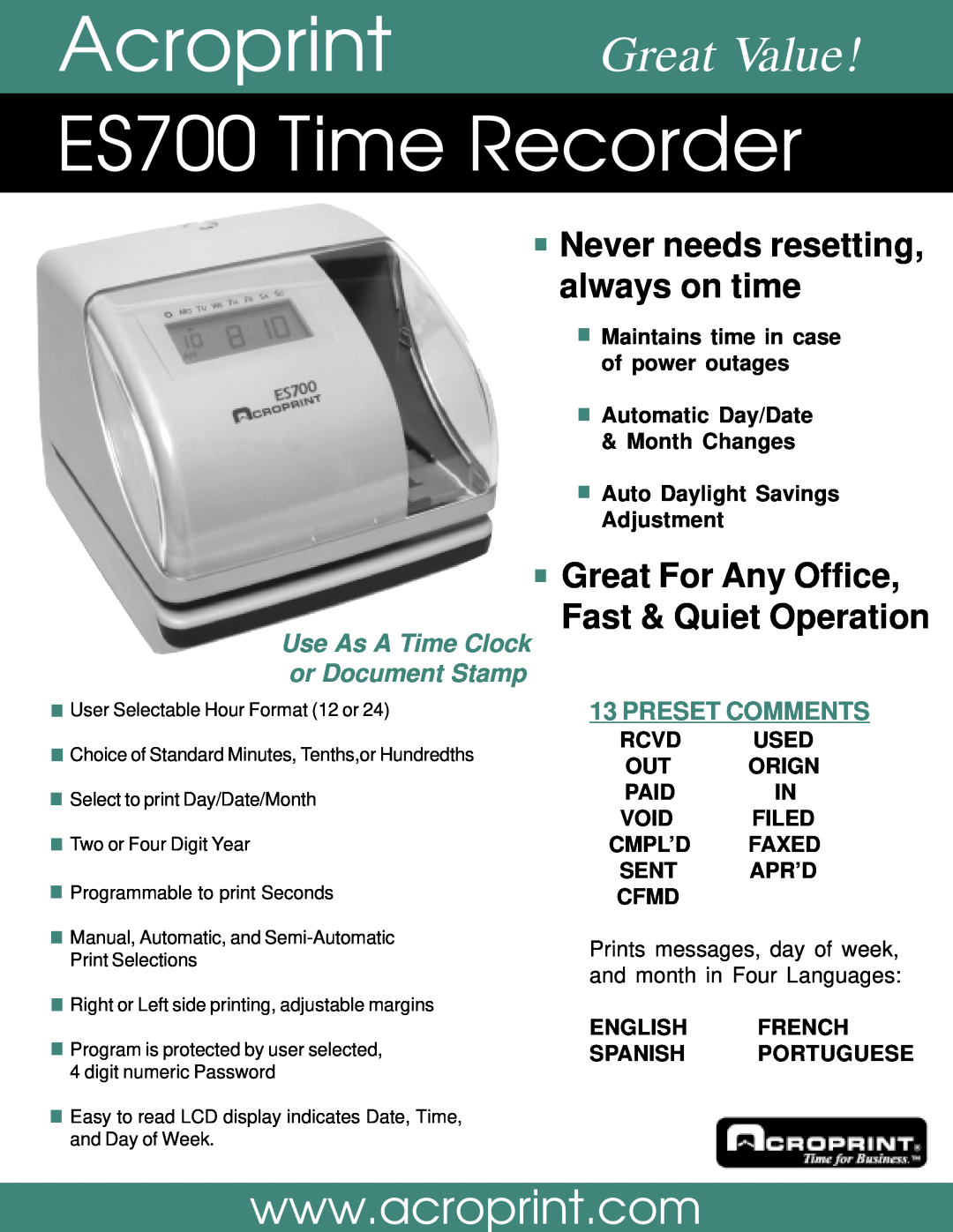Acroprint manual ES700 Time Recorder, Acroprint Great Value, Never needs resetting, always on time, Preset Comments 