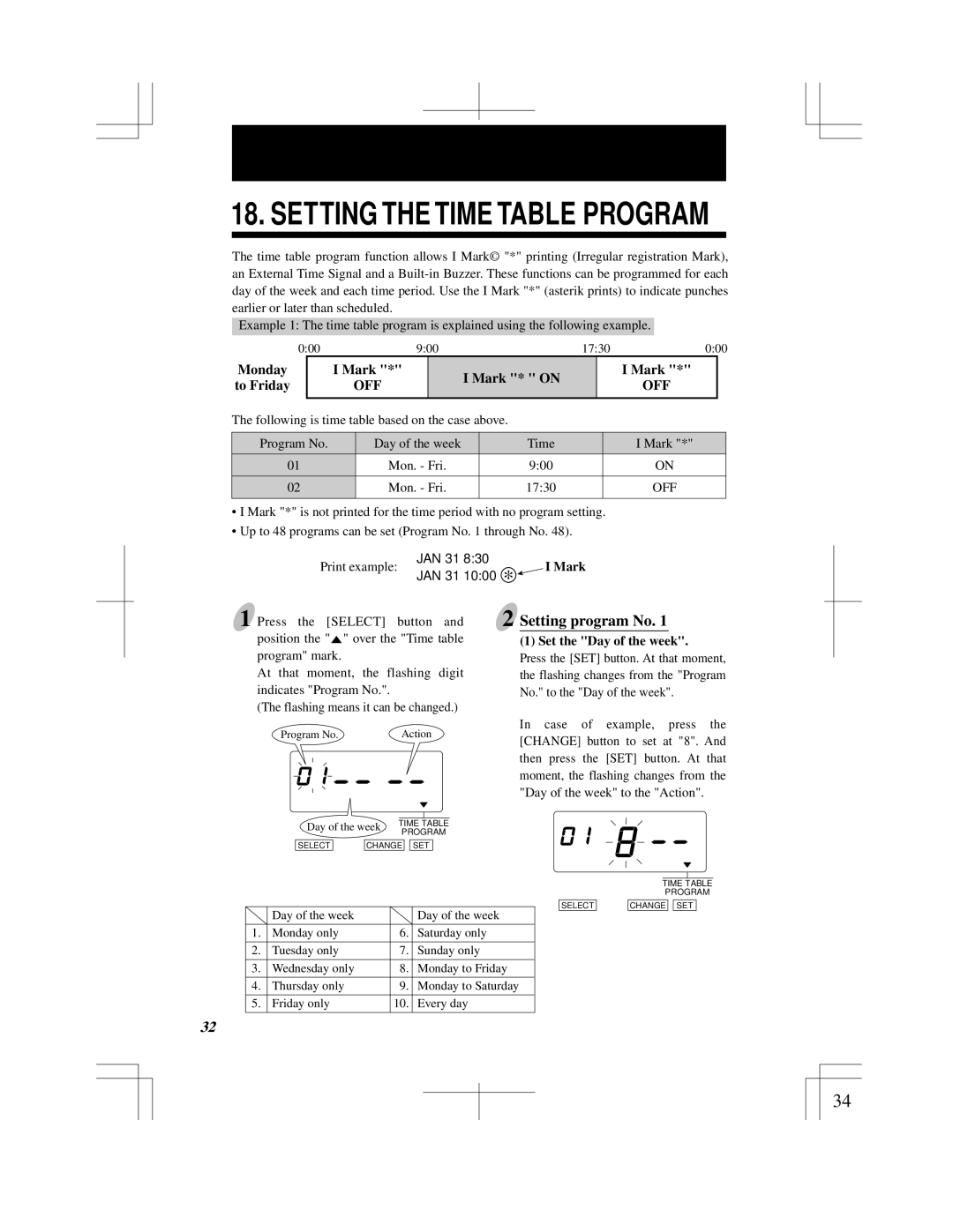 Acroprint ES900 user manual Setting the Time Table Program, Set the Day of the week 