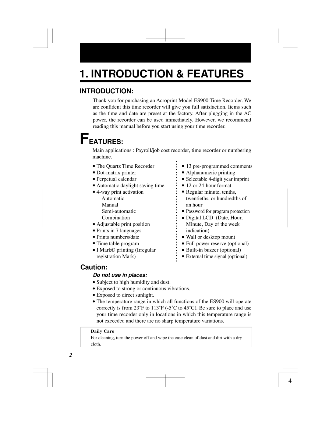 Acroprint ES900 user manual Introduction & Features, Daily Care 