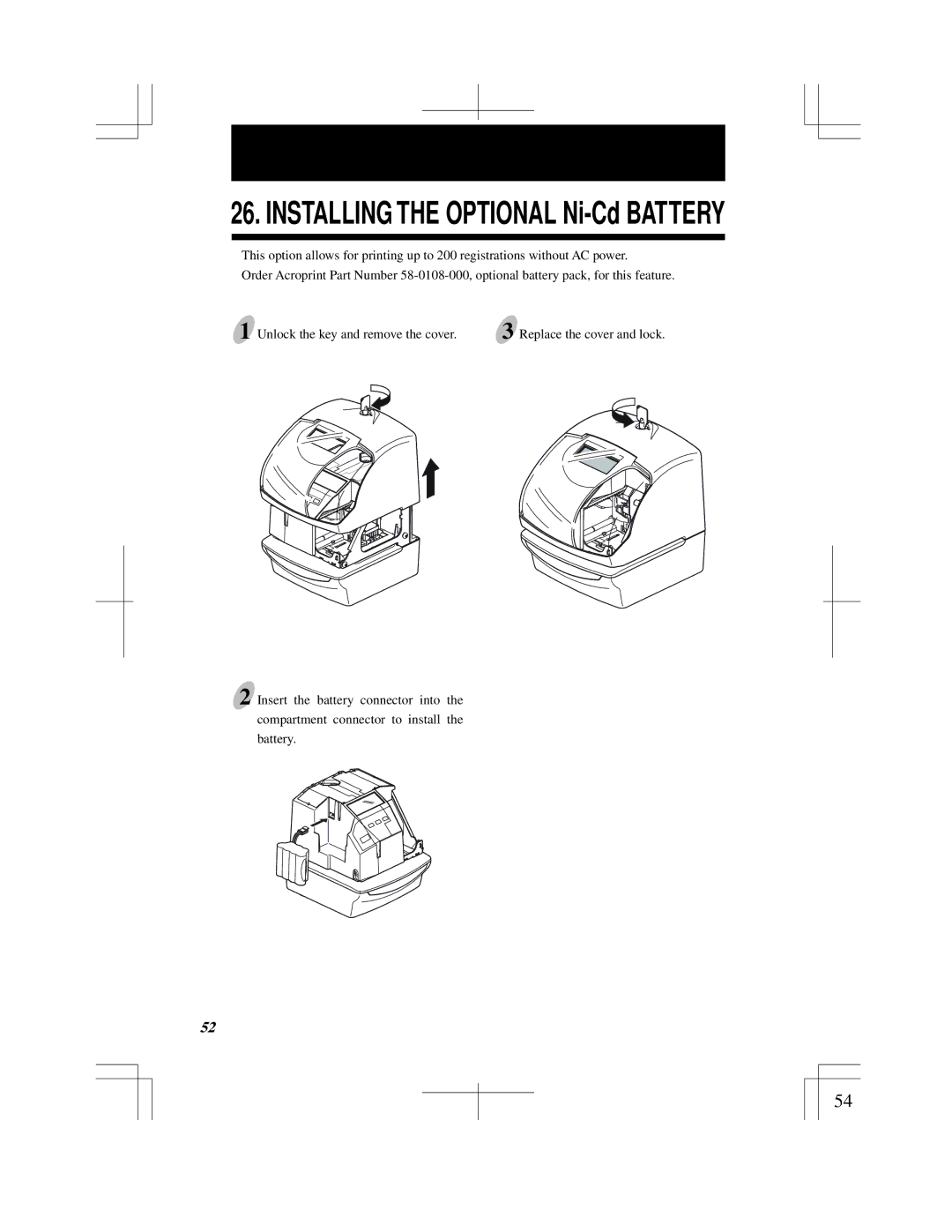 Acroprint ES900 user manual Installing the Optional Ni-Cd Battery 