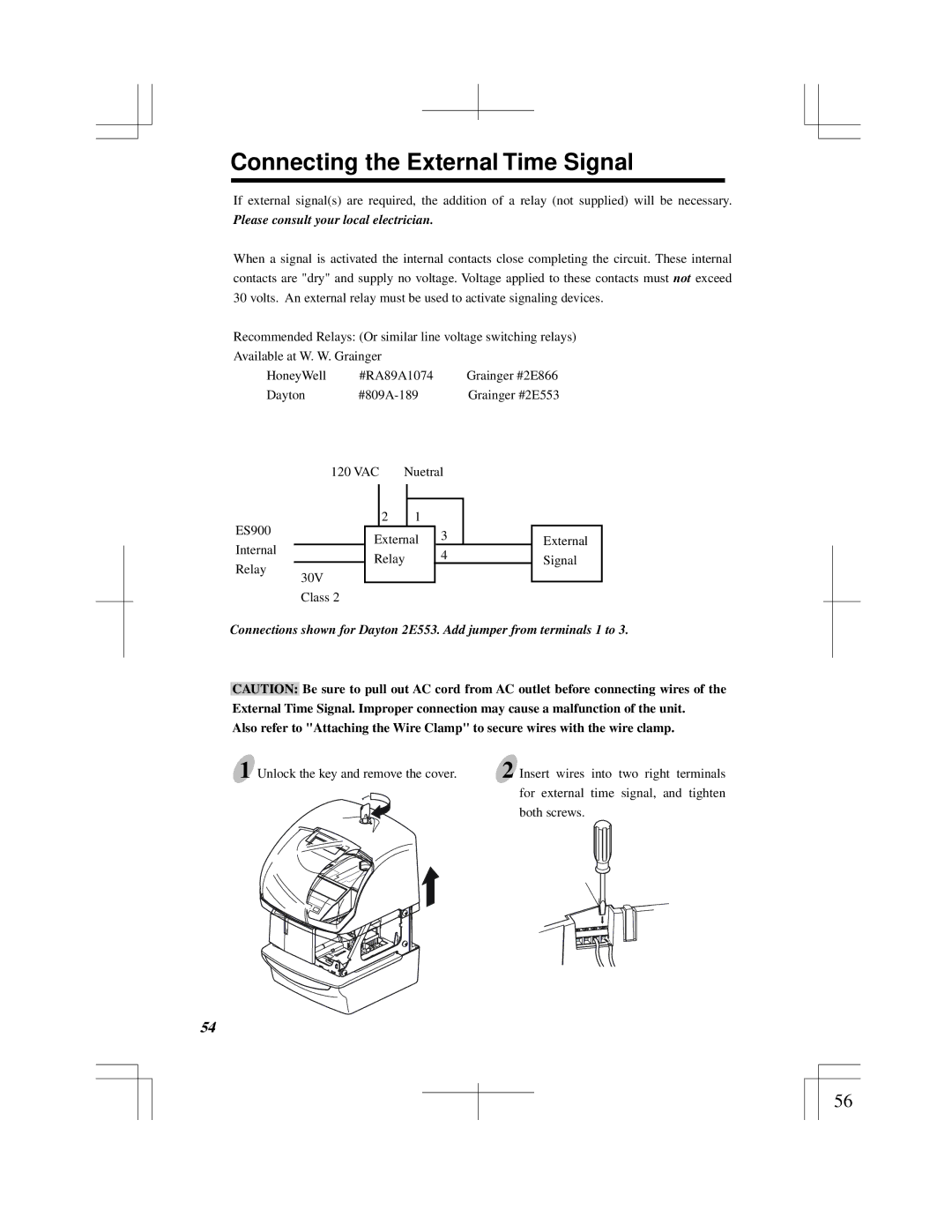 Acroprint ES900 user manual Connecting the External Time Signal, Please consult your local electrician 