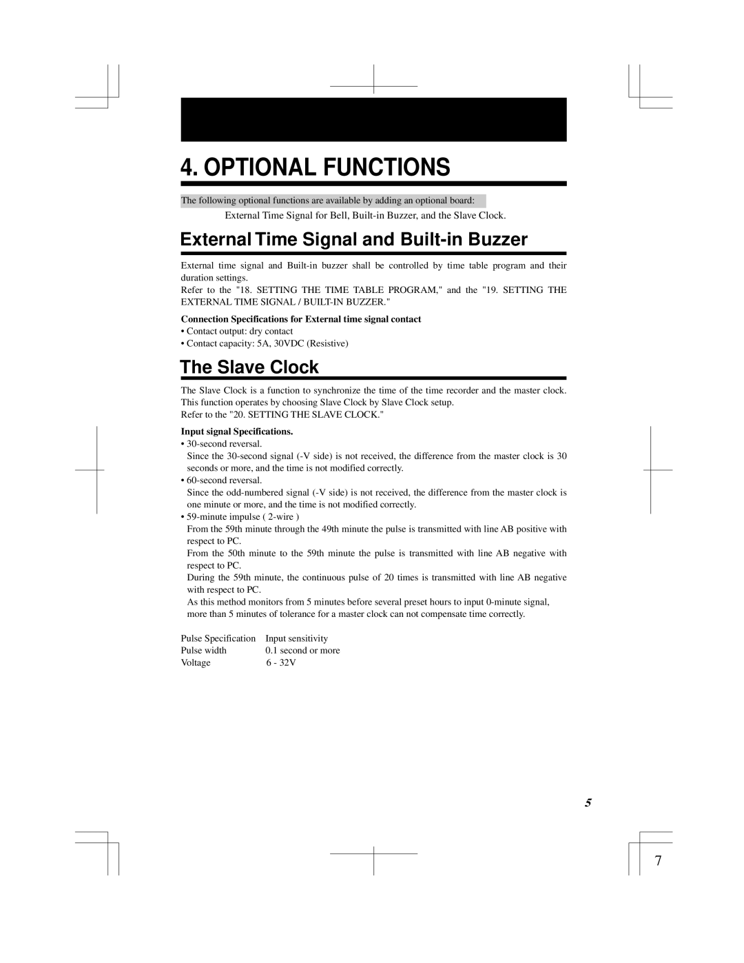 Acroprint ES900 Optional Functions, External Time Signal and Built-in Buzzer, Slave Clock, Input signal Specifications 