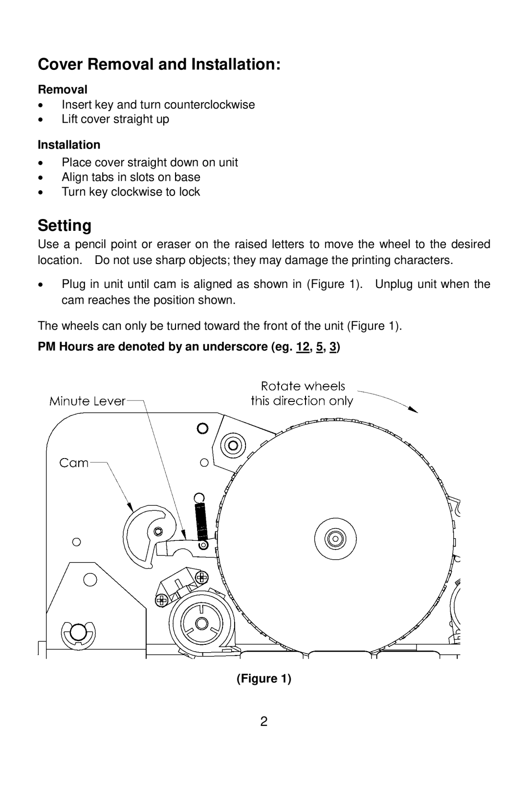 Acroprint PD100 user manual Cover Removal and Installation, Setting, PM Hours are denoted by an underscore eg , 5 