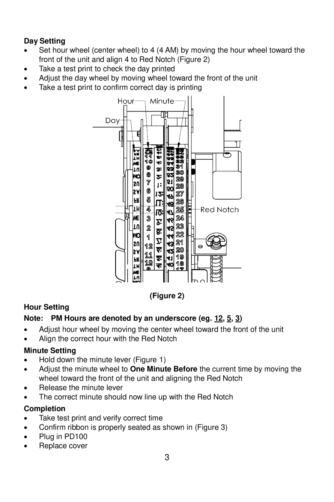 Acroprint PD100 user manual Day Setting, Hour Setting, Minute Setting, Completion 