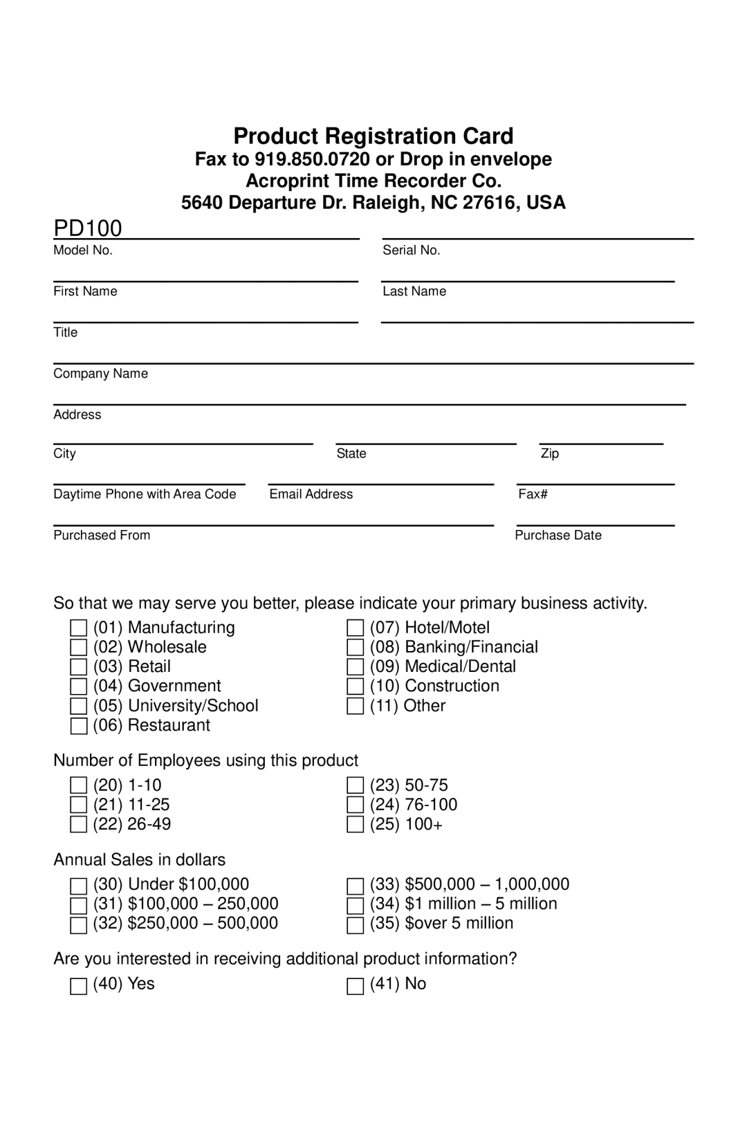 Acroprint PD100 user manual Product Registration Card 