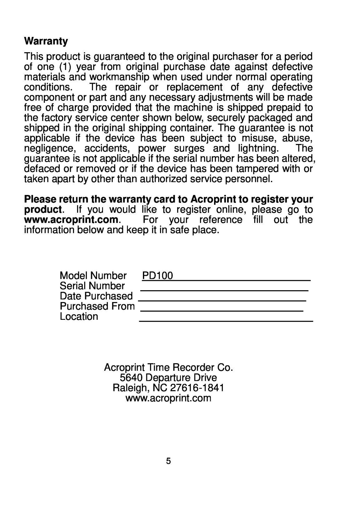 Acroprint PD100 user manual Warranty 